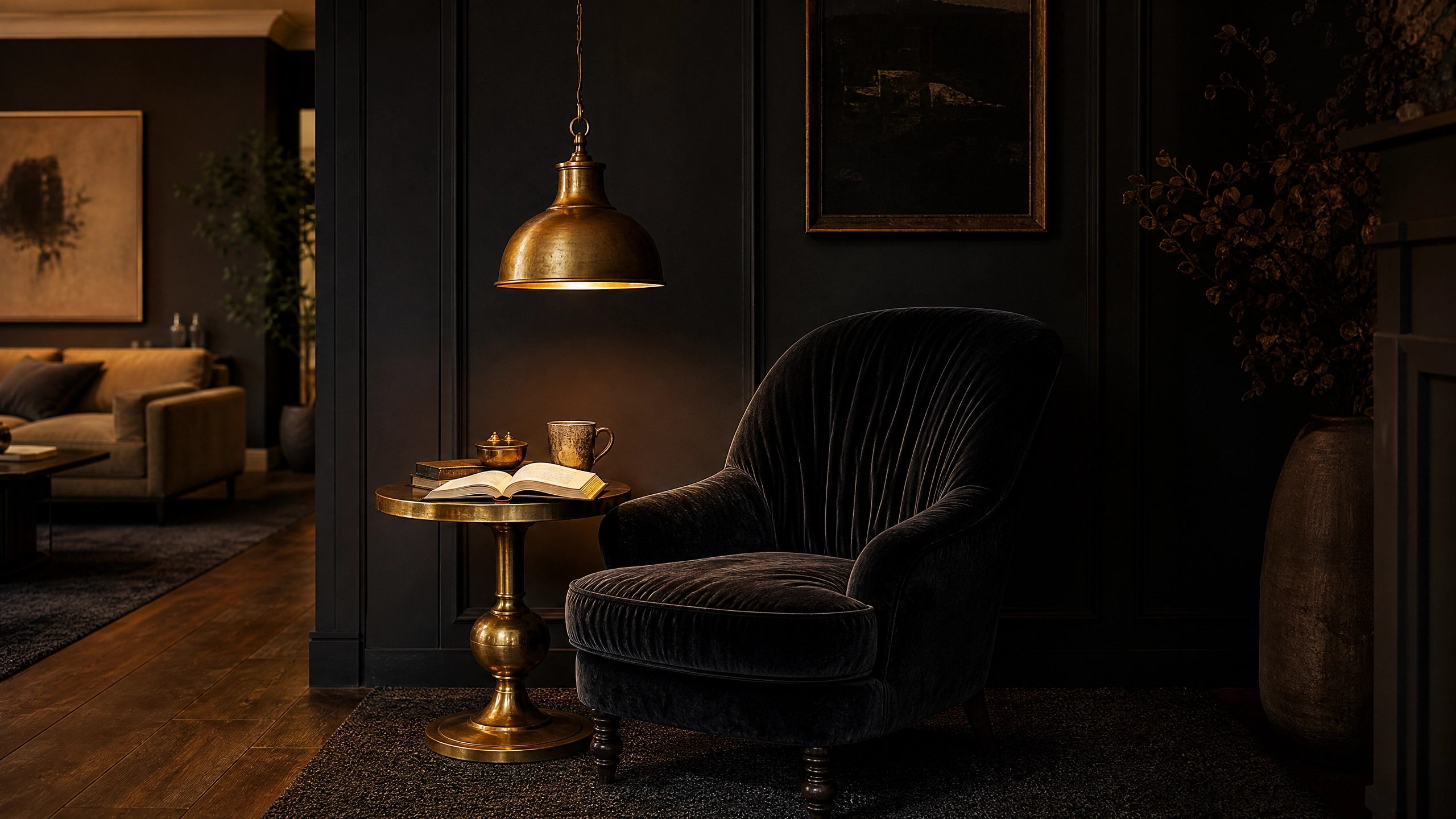 Dark reading corner with a brass dome floor lamp, black open bookshelf, gold decor, books, and trailing plants.