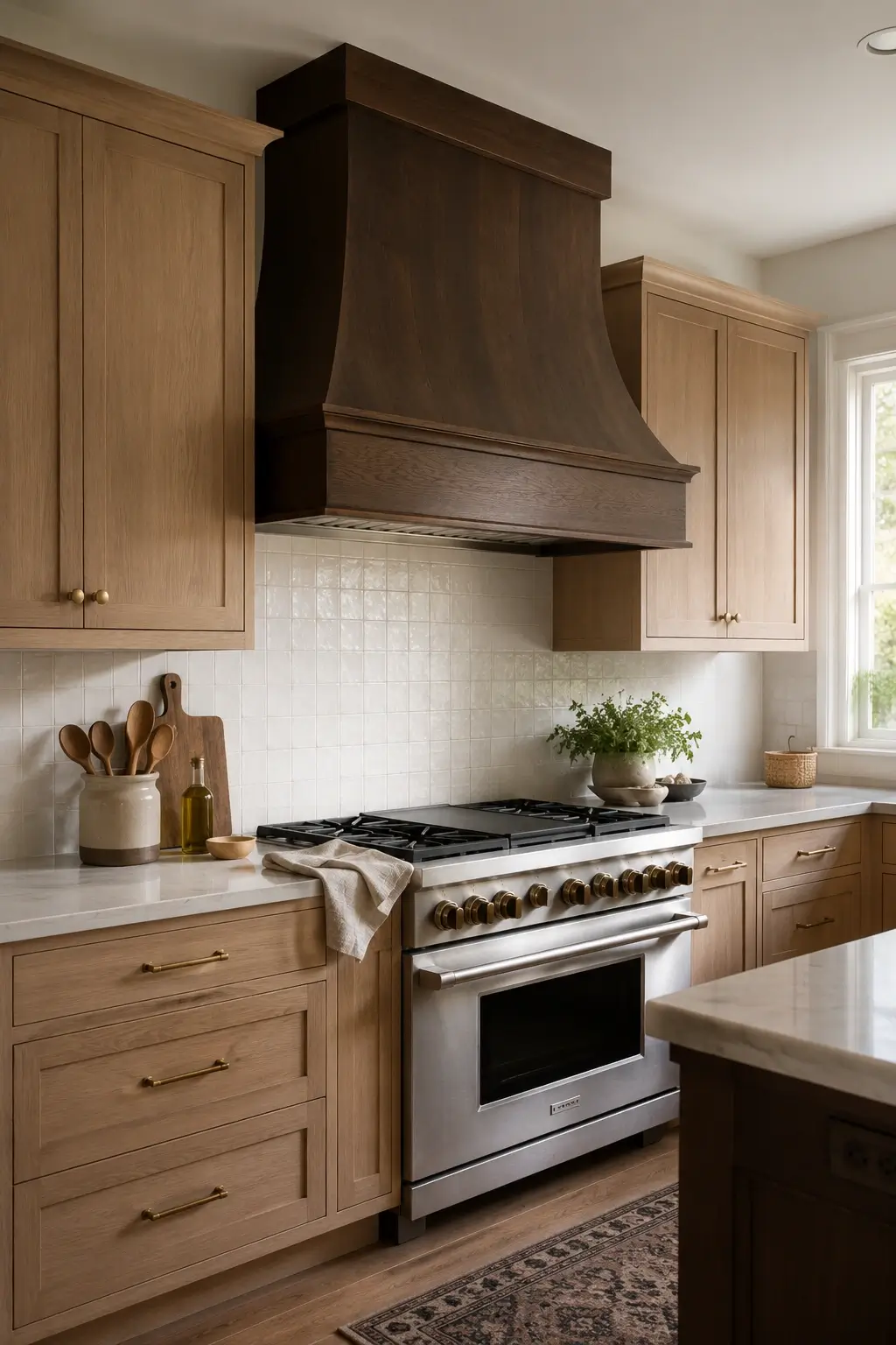 Dark stained wood hood above a range, two shades deeper than oak cabinets in a warm custom kitchen.