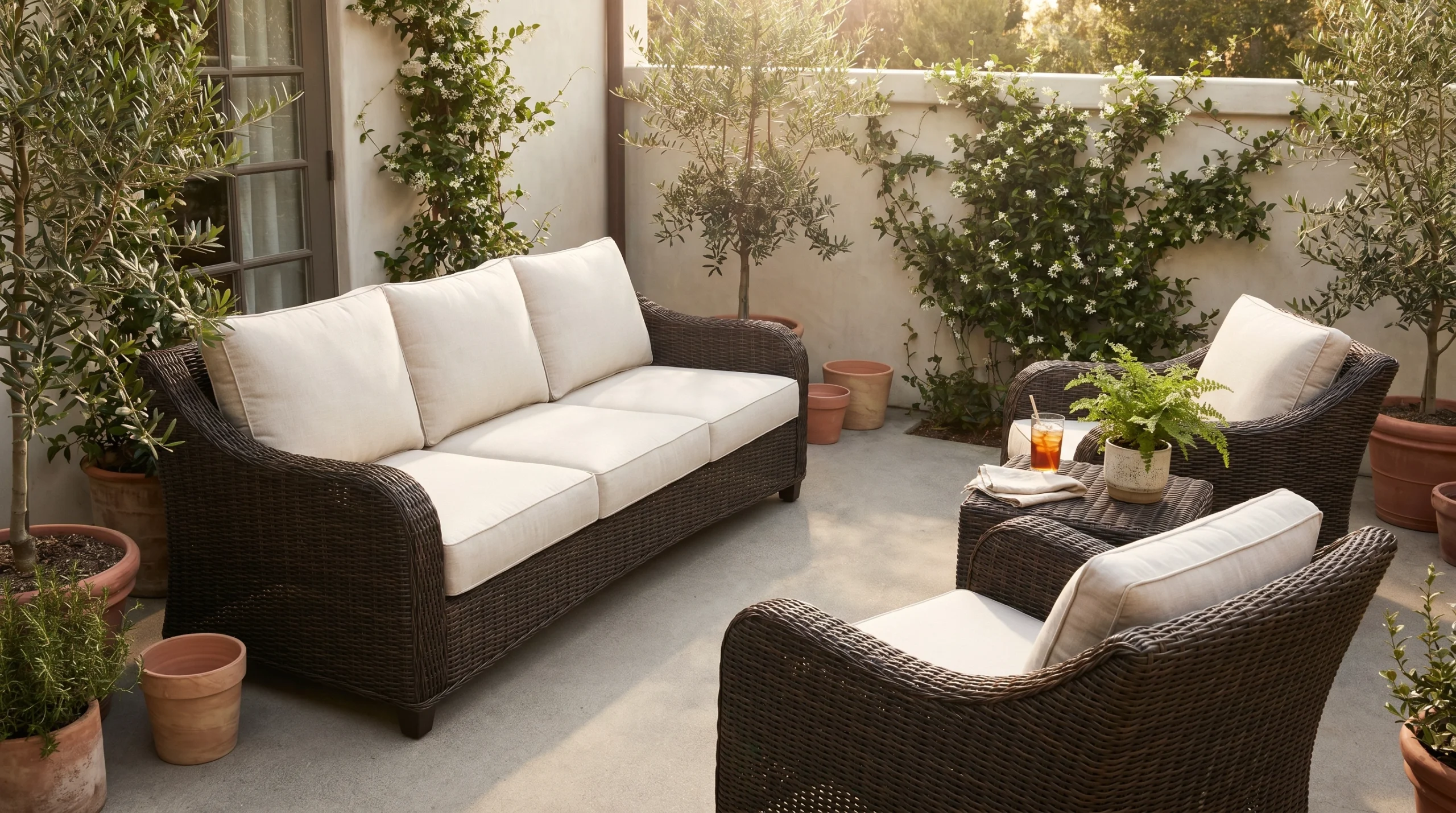 Dark wicker sofa set with neutral linen cushions on a garden patio with olive trees and climbing vines.
