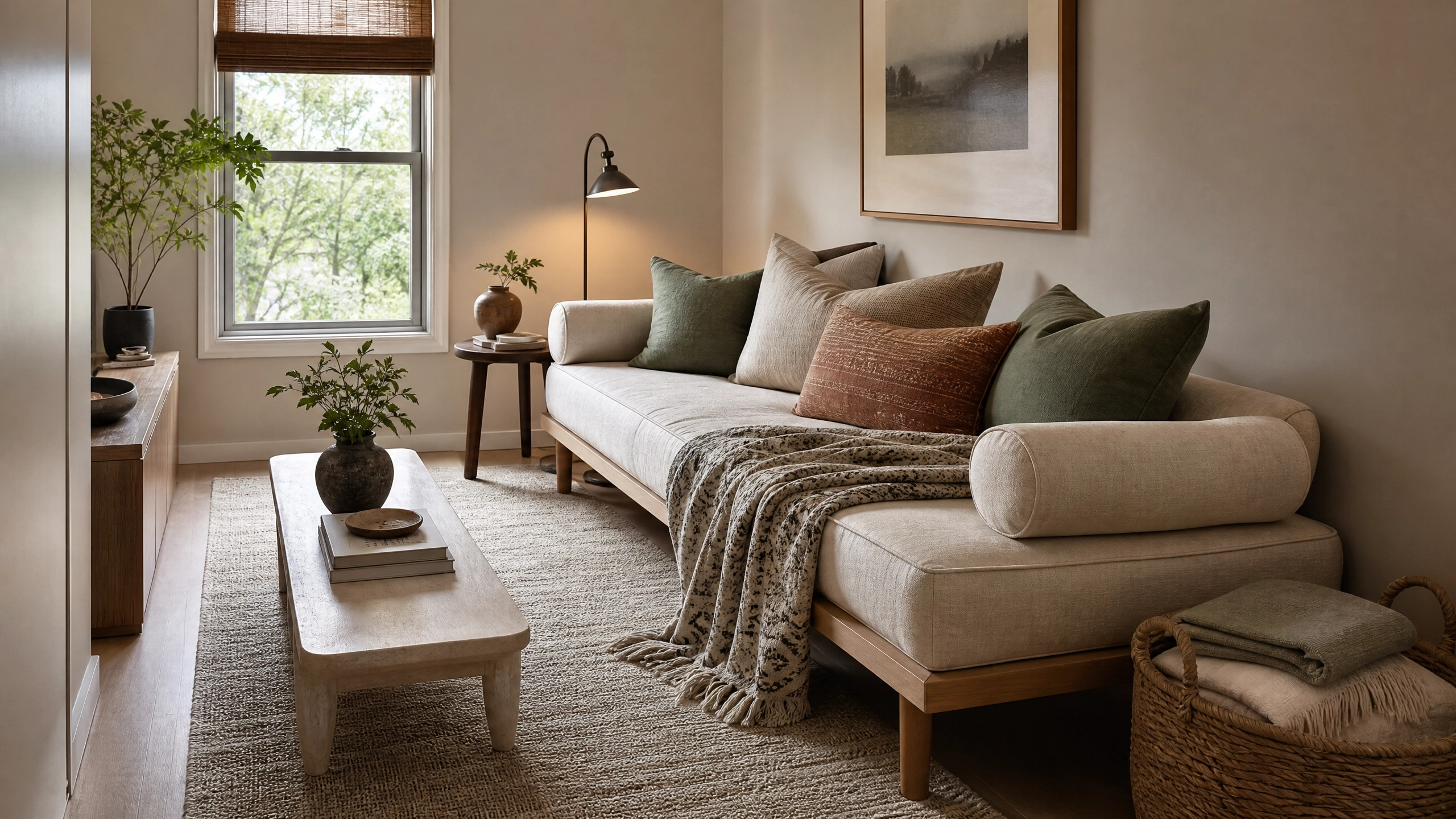 Daybed styled as a sofa and guest bed in a cozy narrow living room with pillows and a throw.