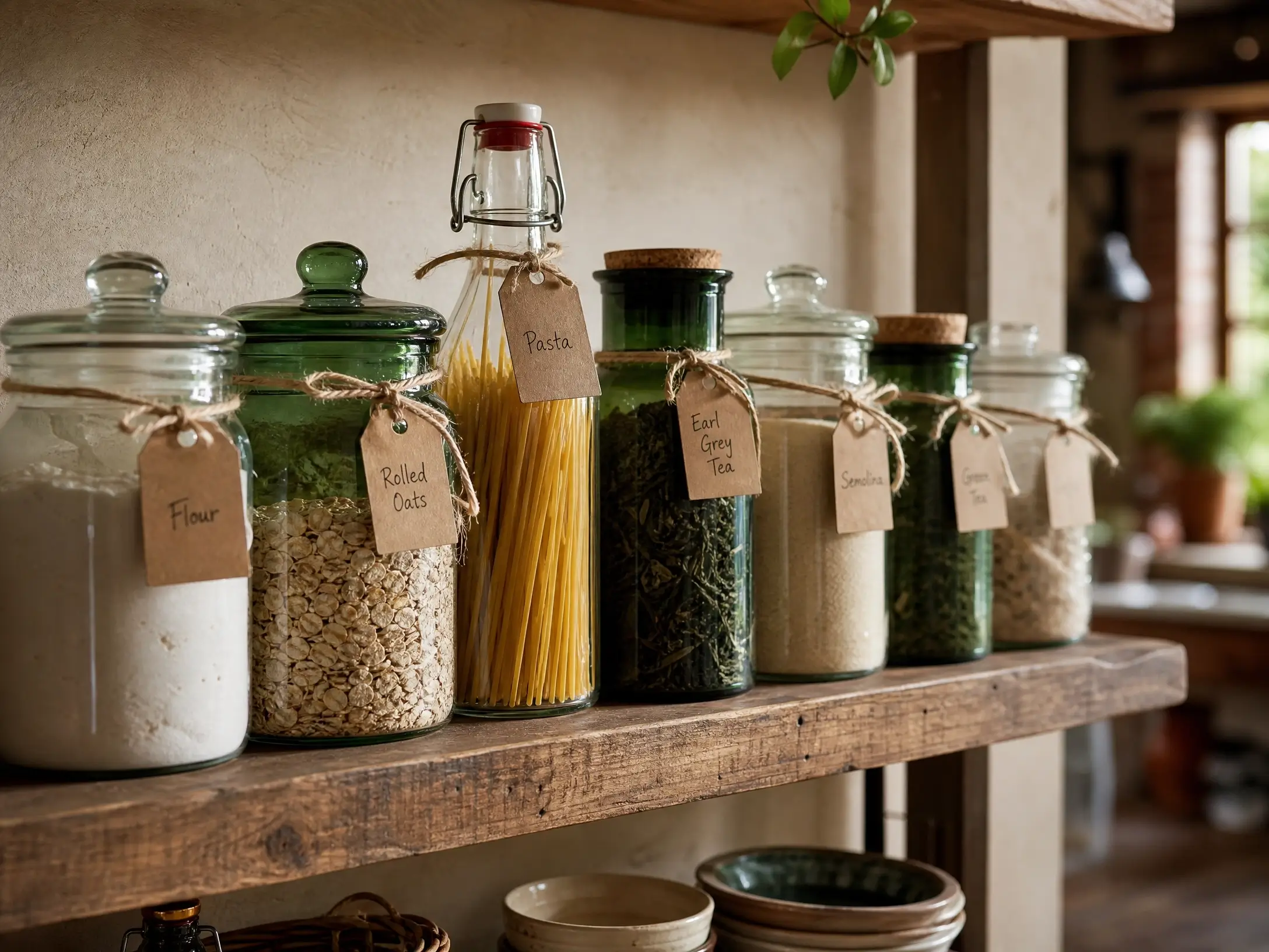 Forest-toned and clear glass jars labeled with pantry staples on a rustic wooden kitchen shelf