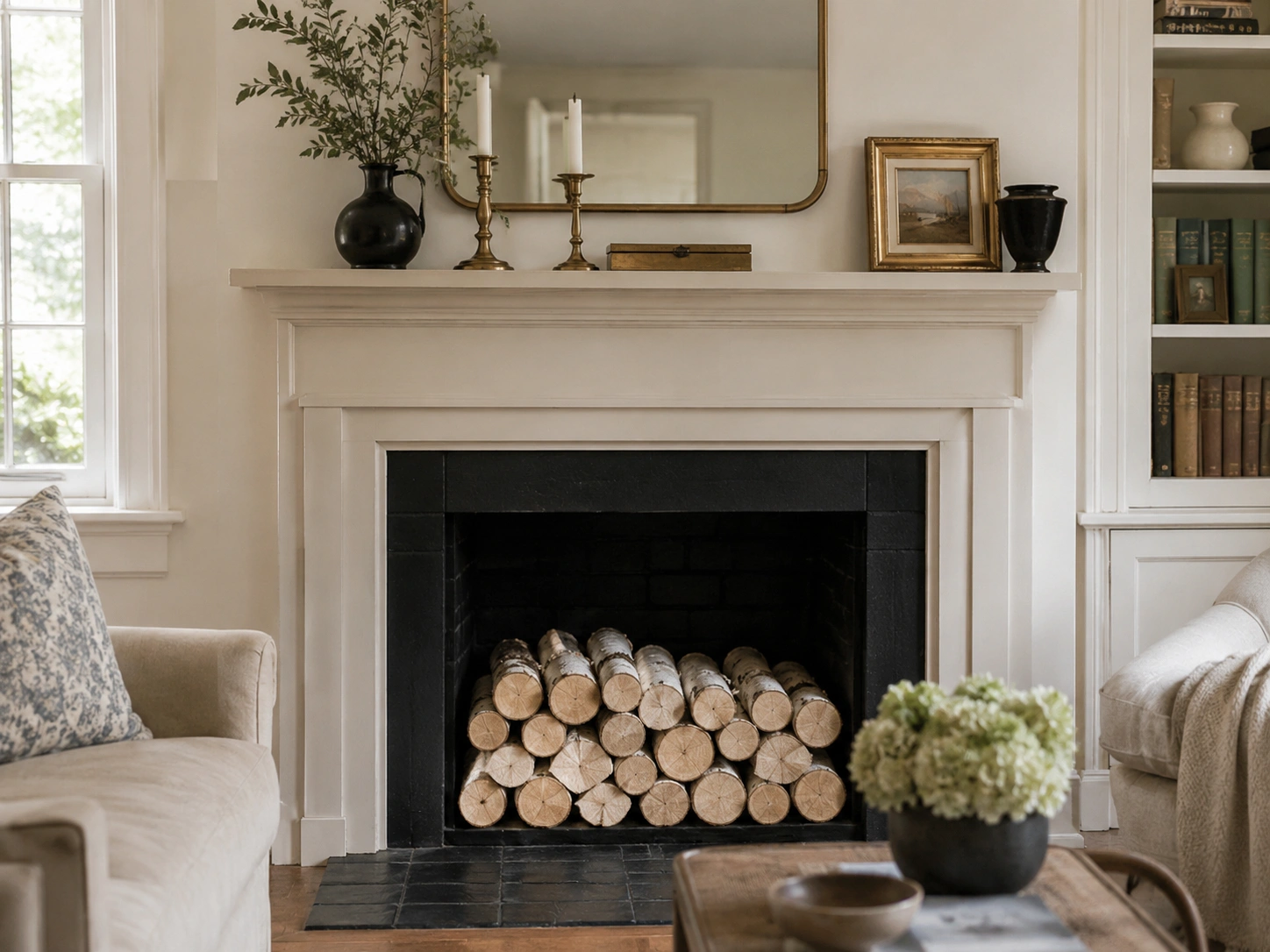 Decorative birch logs stacked inside a black firebox below a styled white mantel