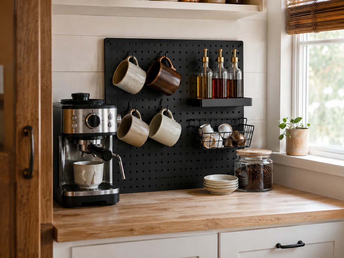 Dedicated kitchen counter coffee zone with black pegboard panel, mugs, syrups, and espresso machine.