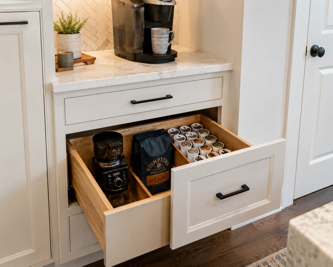 Deep drawer coffee station with pods, grinder, and beans stored below a small kitchen counter.