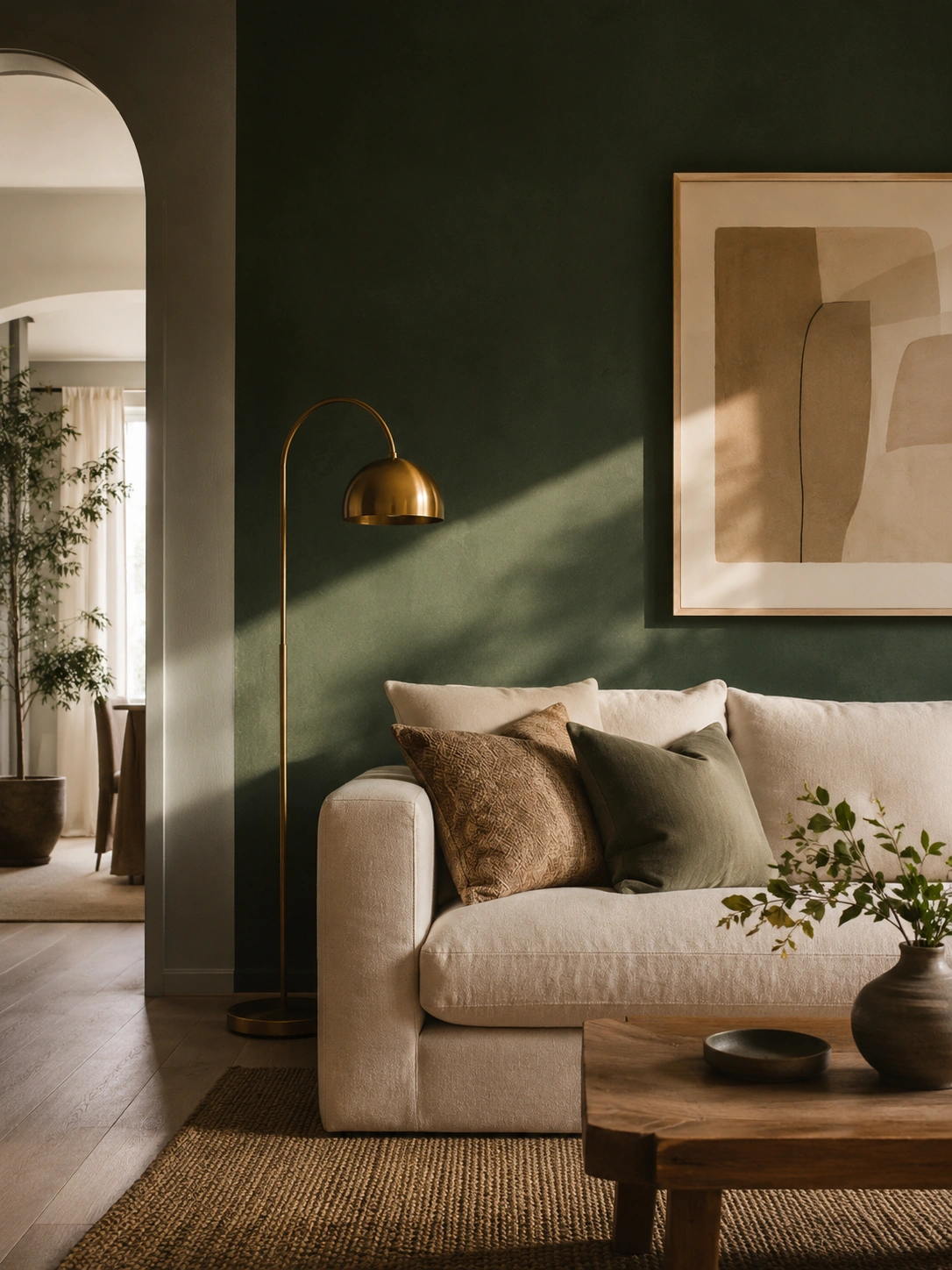 Deep forest green accent wall with cream sofa, brass floor lamp, and abstract art in a modern living room.