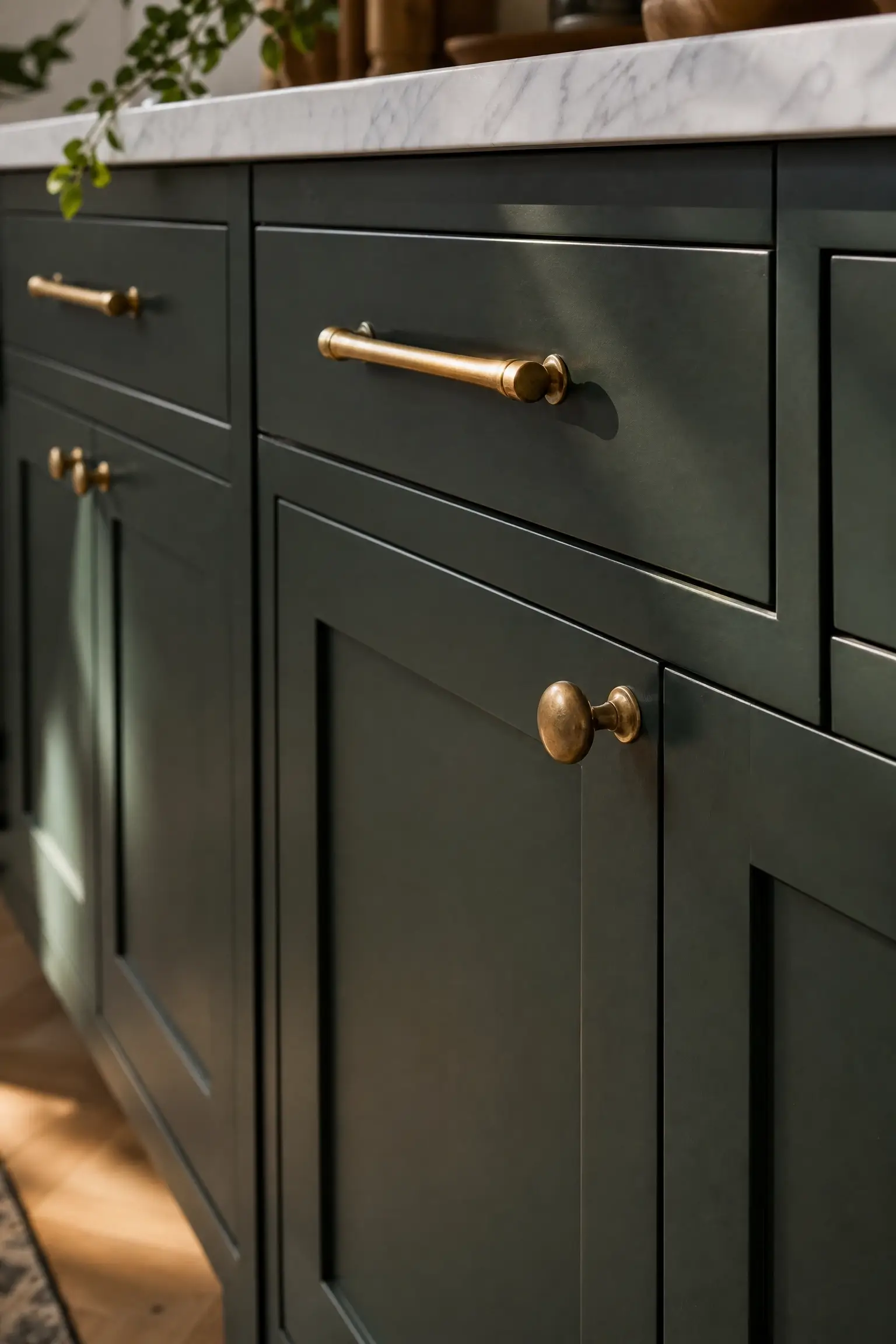 Deep green shaker cabinets with unlacquered brass pulls and marble countertop