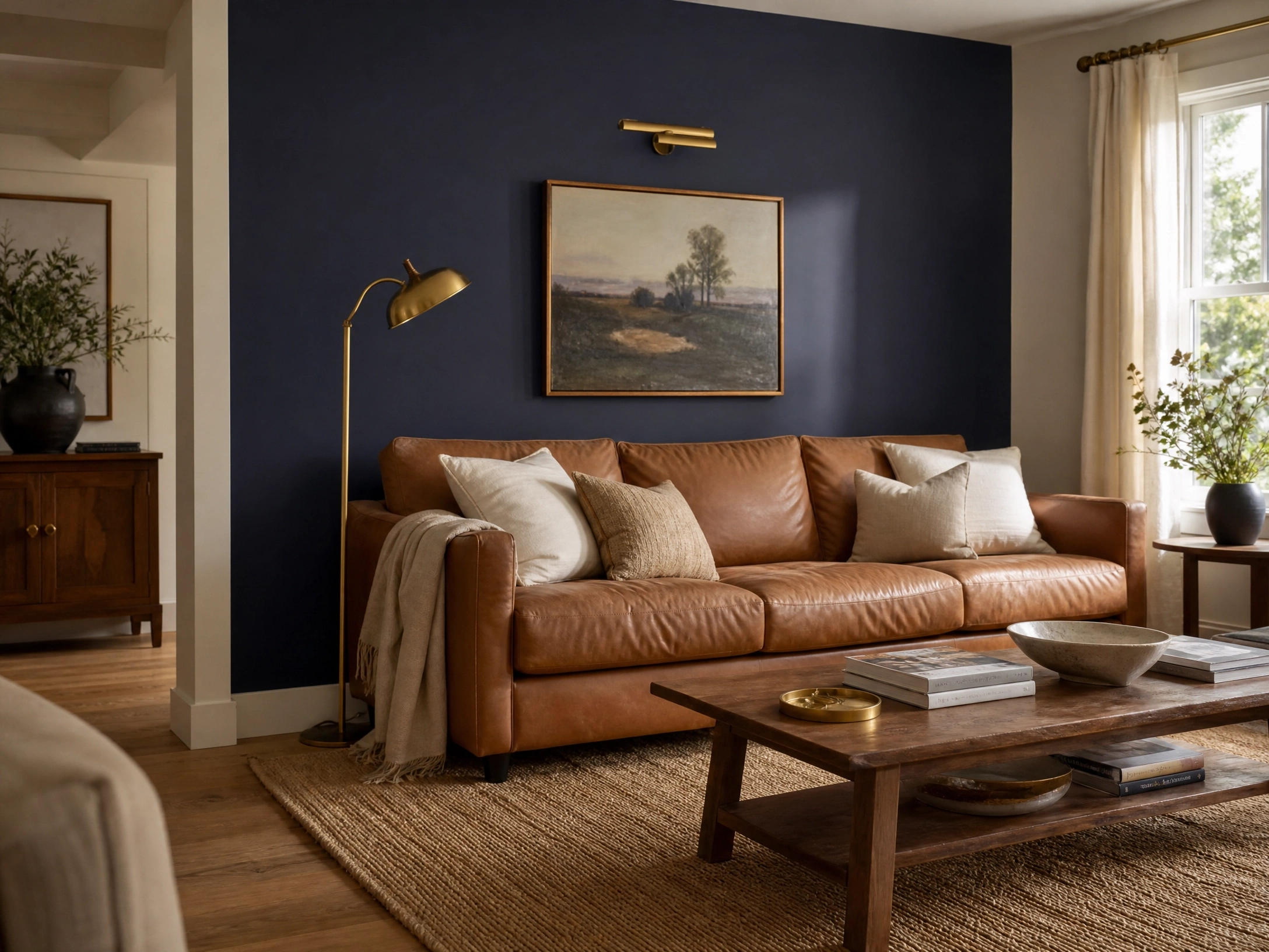 Tan leather couch against a deep navy accent wall in a moody living room with brass lighting.