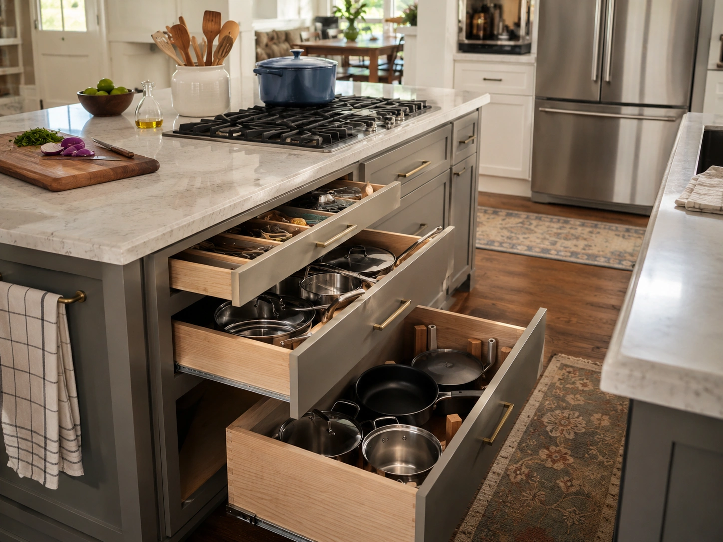 Deep pull-out drawers in a kitchen island storing organized pots and pans below a cooktop.