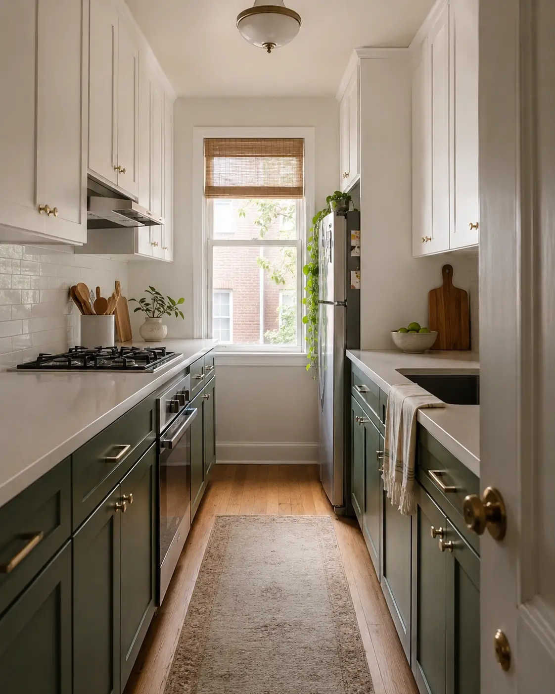 Small galley kitchen ideas with deep sage lower cabinets, warm white uppers, brass hardware, and wood floors