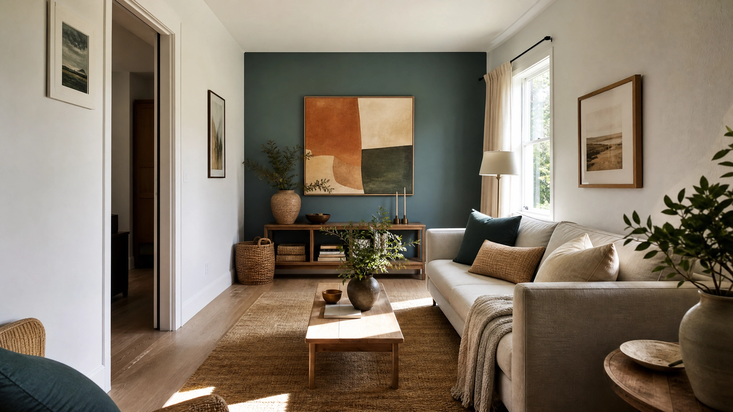 Long narrow living room with a deep teal short end accent wall, beige sofa, wood console, and warm natural decor.