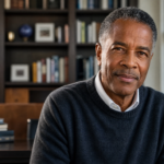 Devon Minters seated in a dark sweater beside bookshelves and a bright window