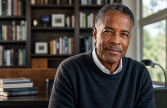 Devon Minters seated in a dark sweater beside bookshelves and a bright window