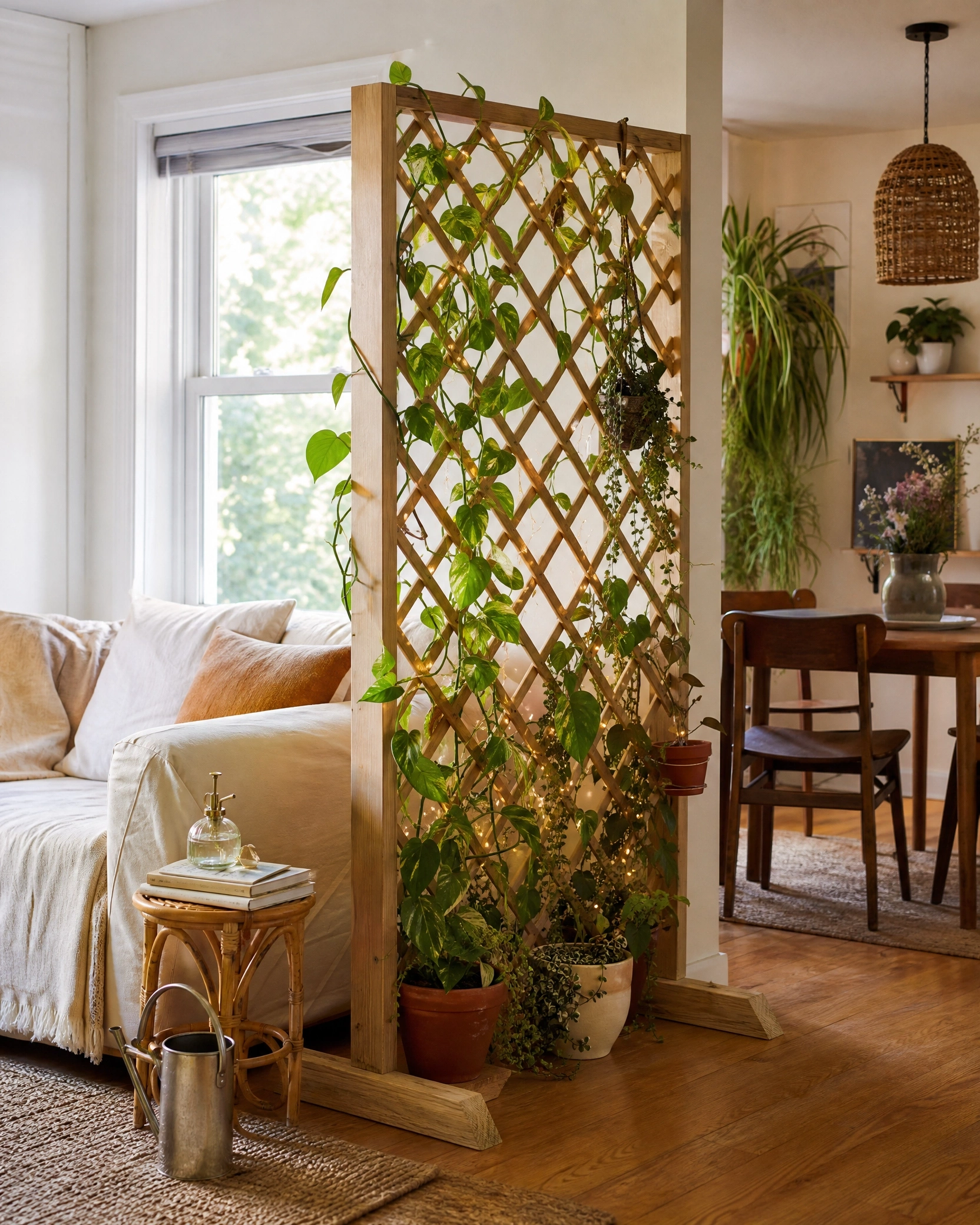 Diamond lattice trellis partition with trailing vines dividing a cozy living and dining room.