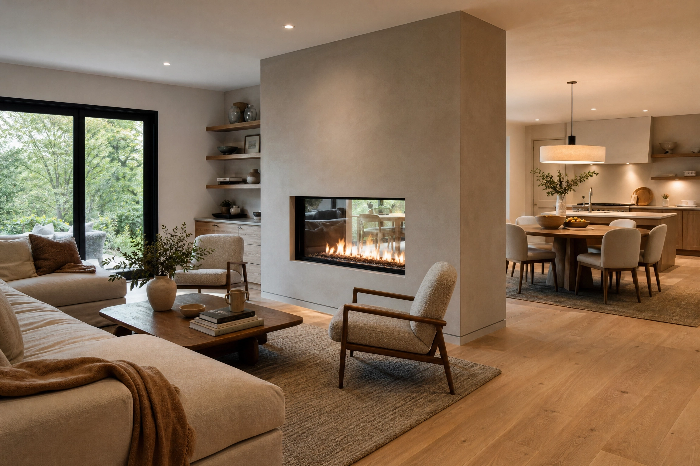 Double-sided fireplace in a freestanding partition wall dividing an open living room and dining kitchen.