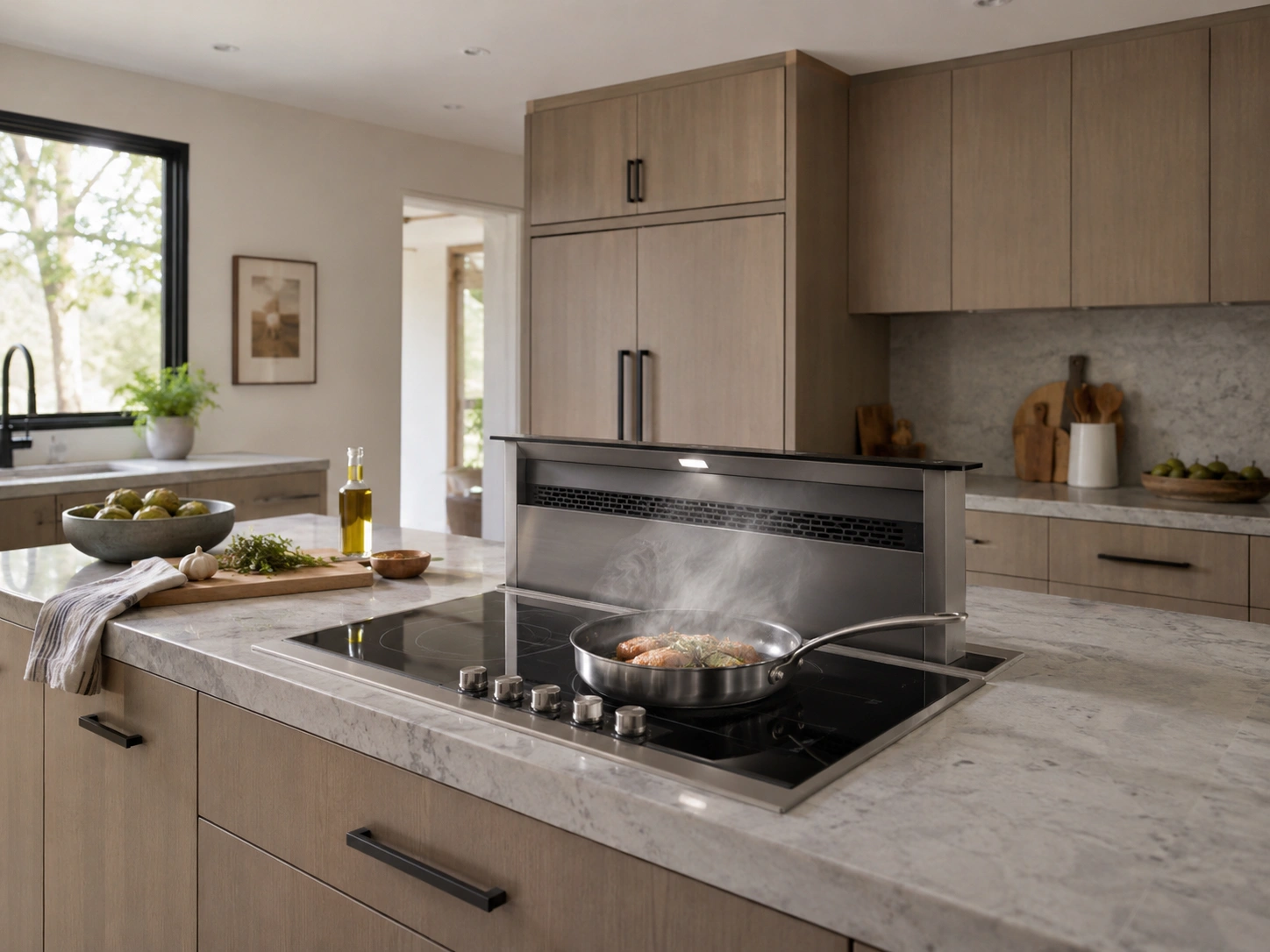 Kitchen island cooktop with downdraft ventilation and clean ceiling profile in a modern wood kitchen.