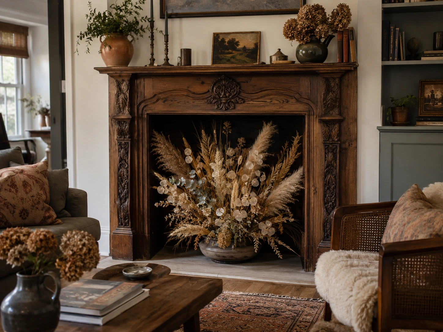 Vintage fireplace filled with a large dried botanical arrangement in a cozy living room