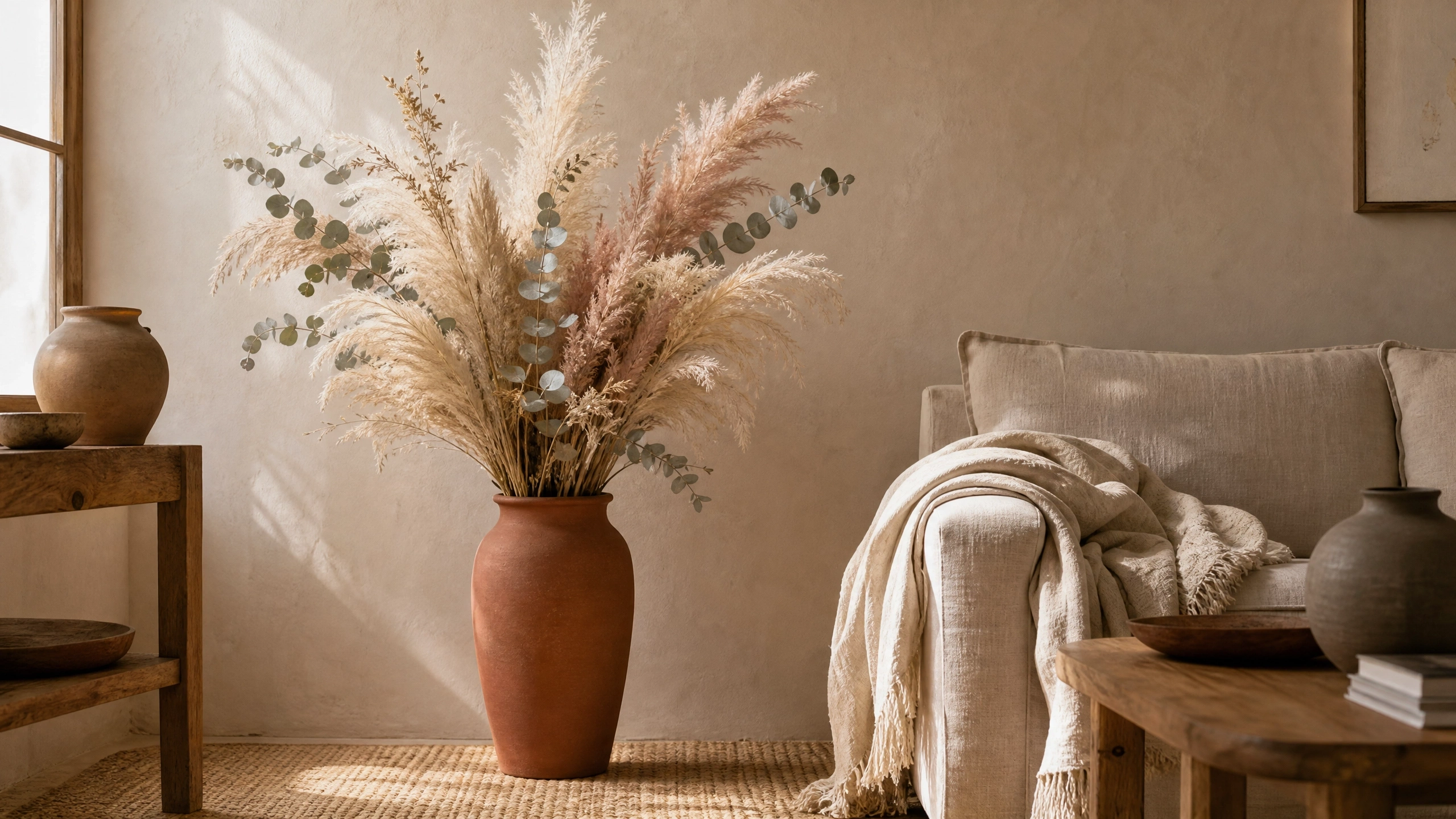 Dried pampas grass and eucalyptus in a tall terracotta vase beside a neutral linen sofa