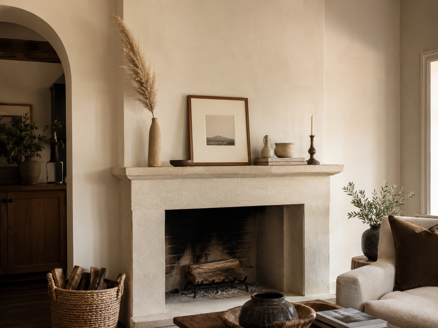 Tall narrow vase with dried pampas grass styled on a neutral fireplace mantel.