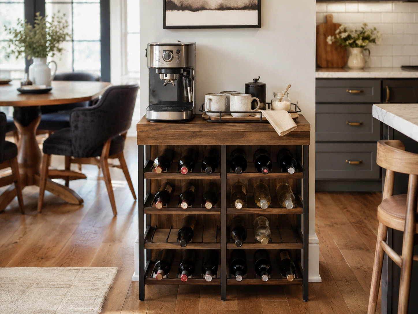 Wood wine rack used as a coffee station with espresso machine, mugs, and kitchen storage