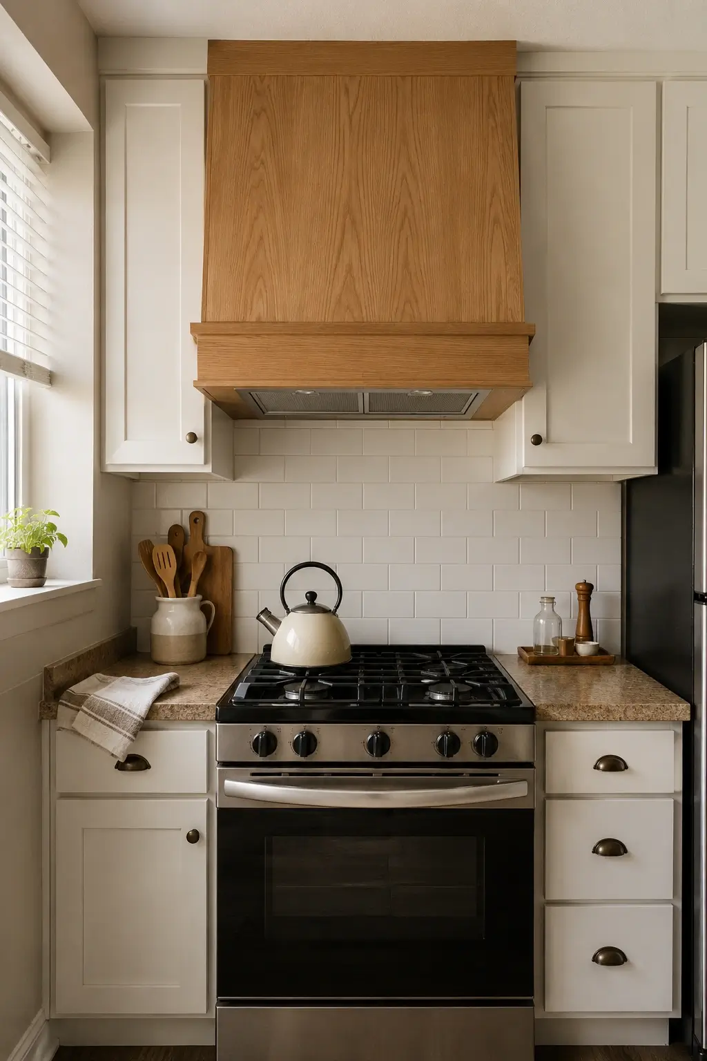Apartment kitchen with a wood-shell ductless recirculating hood, white cabinets, subway tile, and stainless stove.