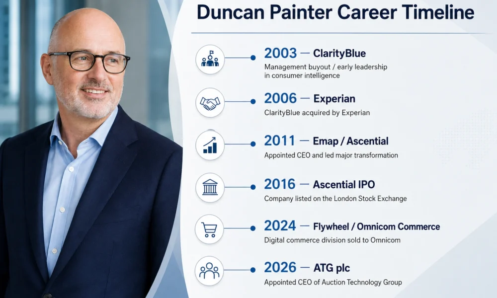 Duncan Painter Flywheel career timeline with portrait and business milestones