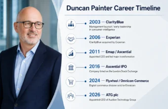 Duncan Painter Flywheel career timeline with portrait and business milestones
