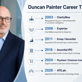 Duncan Painter Flywheel career timeline with portrait and business milestones