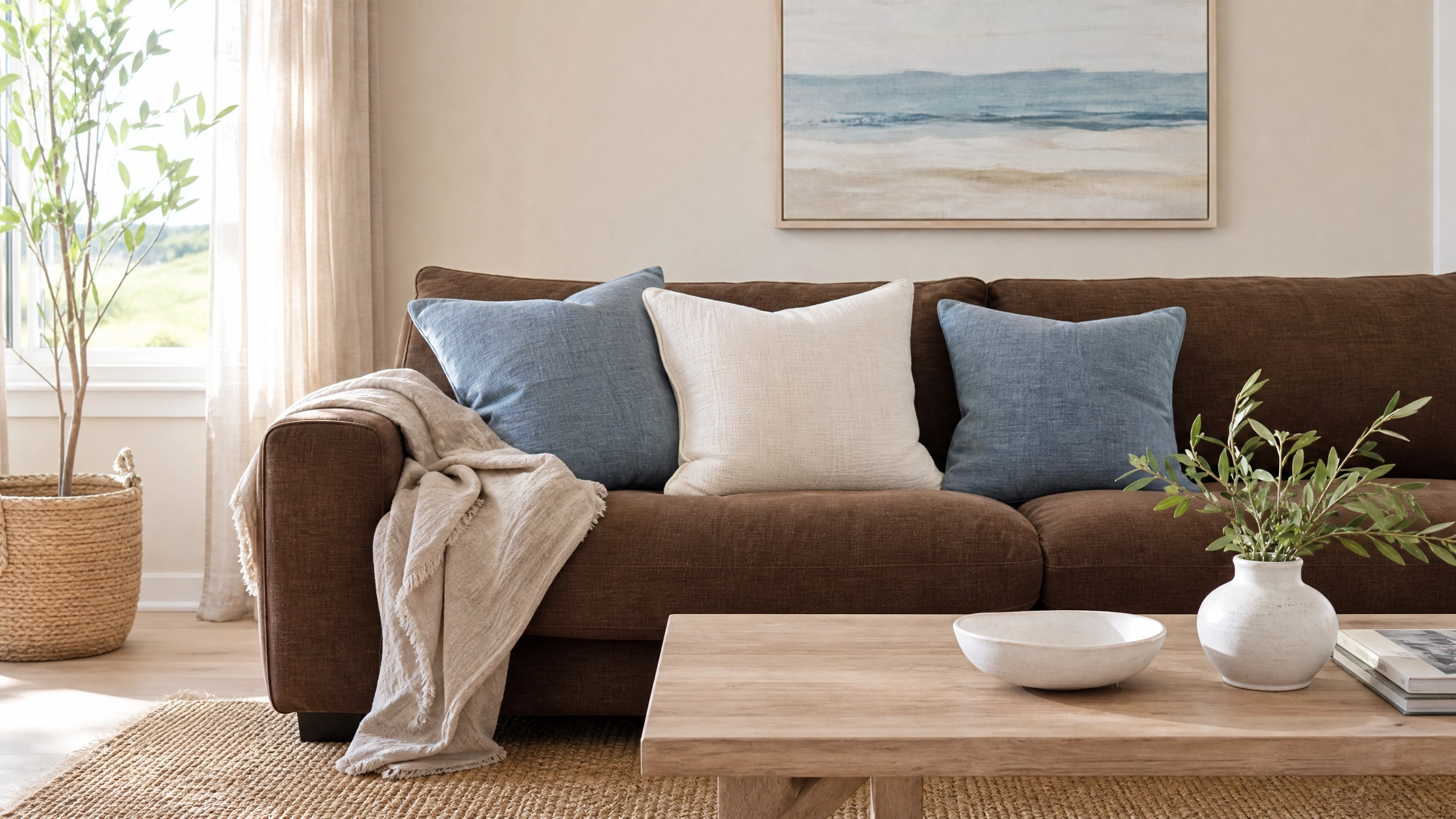 Brown sofa styled with dusty blue and white linen pillows in a soft coastal living room