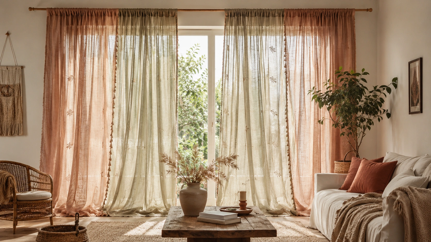 Flowing dusty rose and sage sheer curtains filtering light in a cozy boho living room.