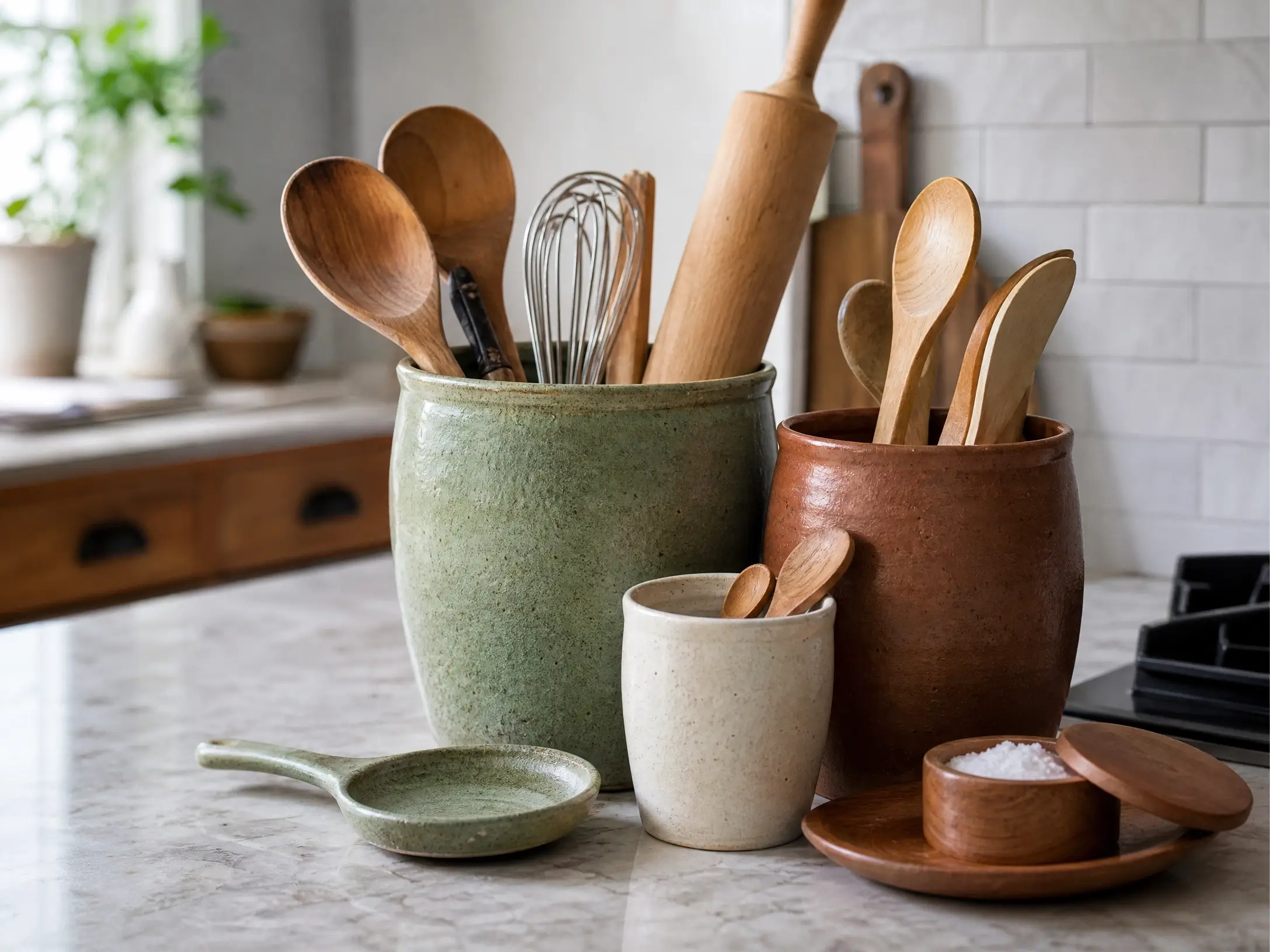 Earth-tone ceramic crocks holding wooden utensils on a marble kitchen counter.