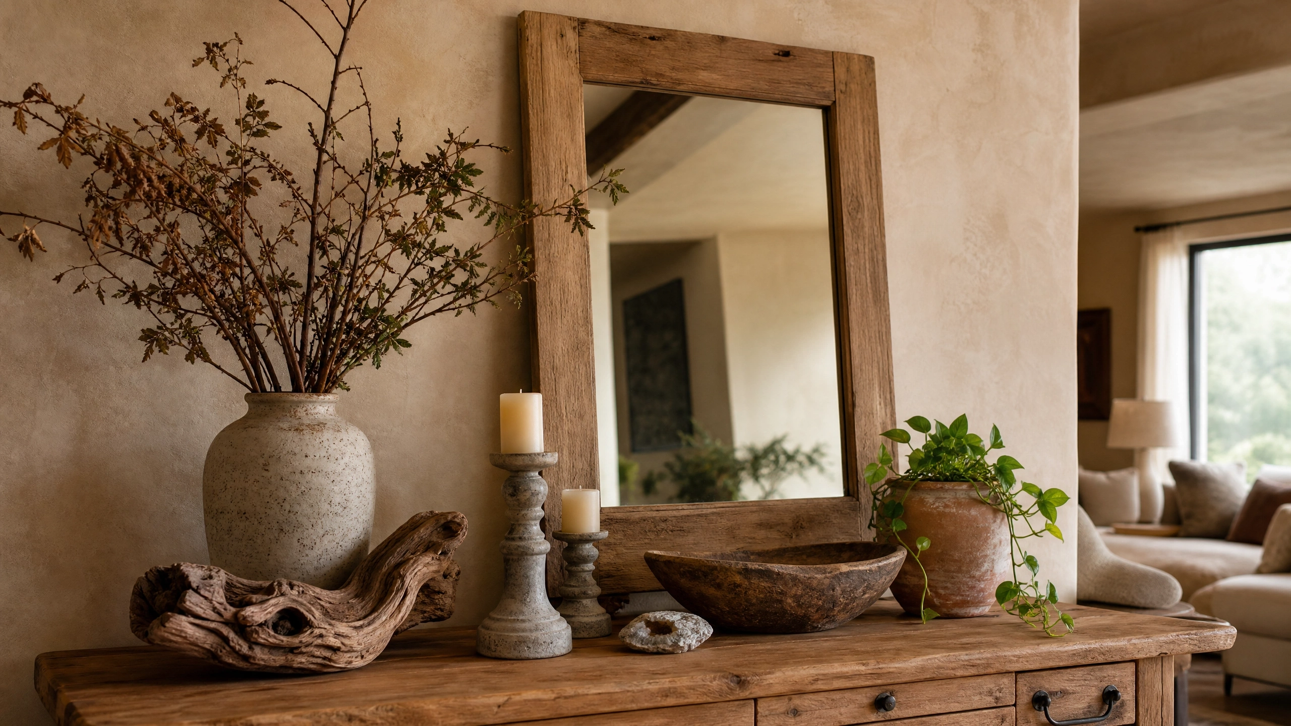 Earthy console vignette with rustic wood mirror, ceramic vase, candles, driftwood, and terracotta plant.