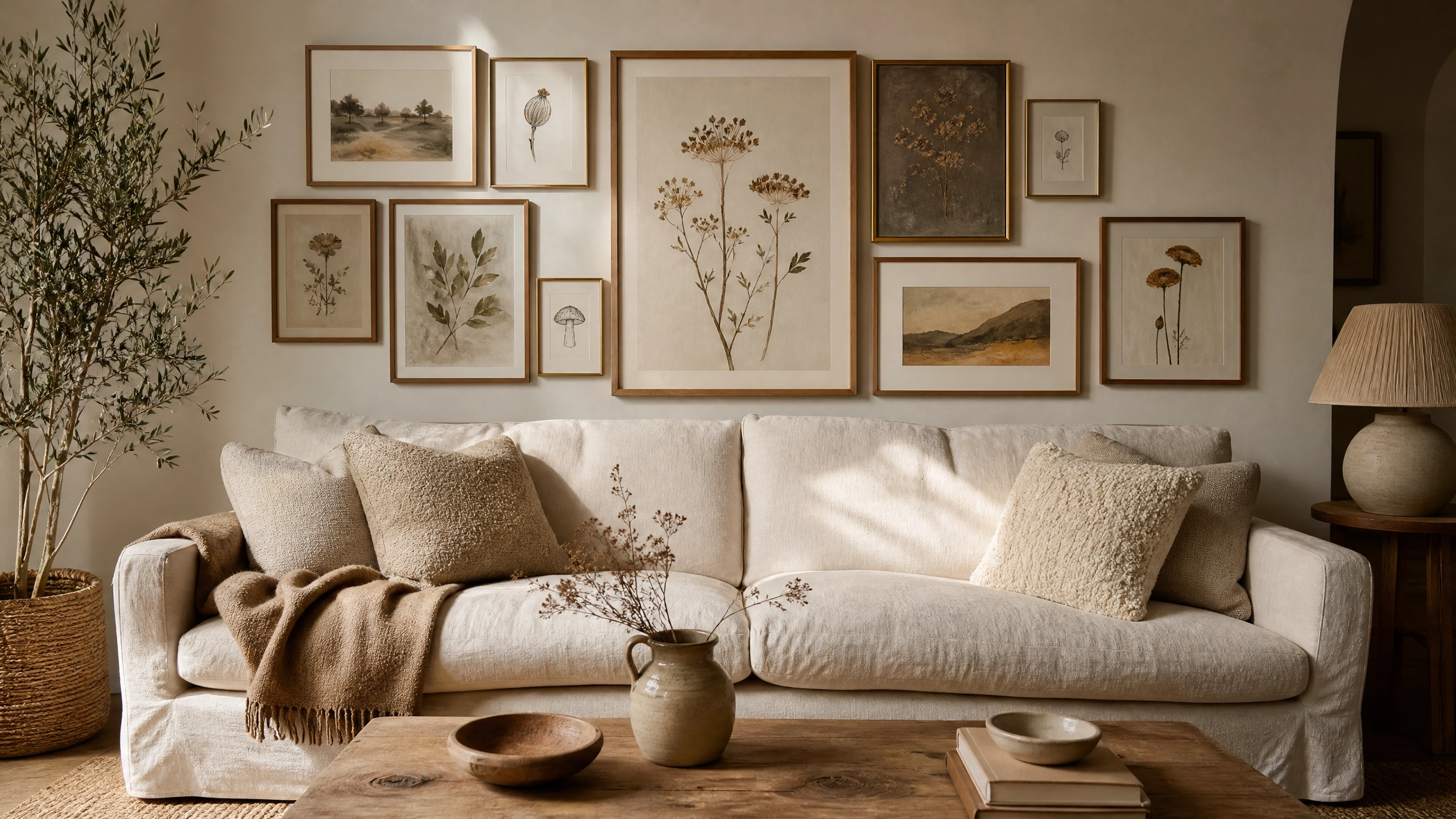 Earthy living room with botanical gallery wall above a cream sofa and warm neutral decor.