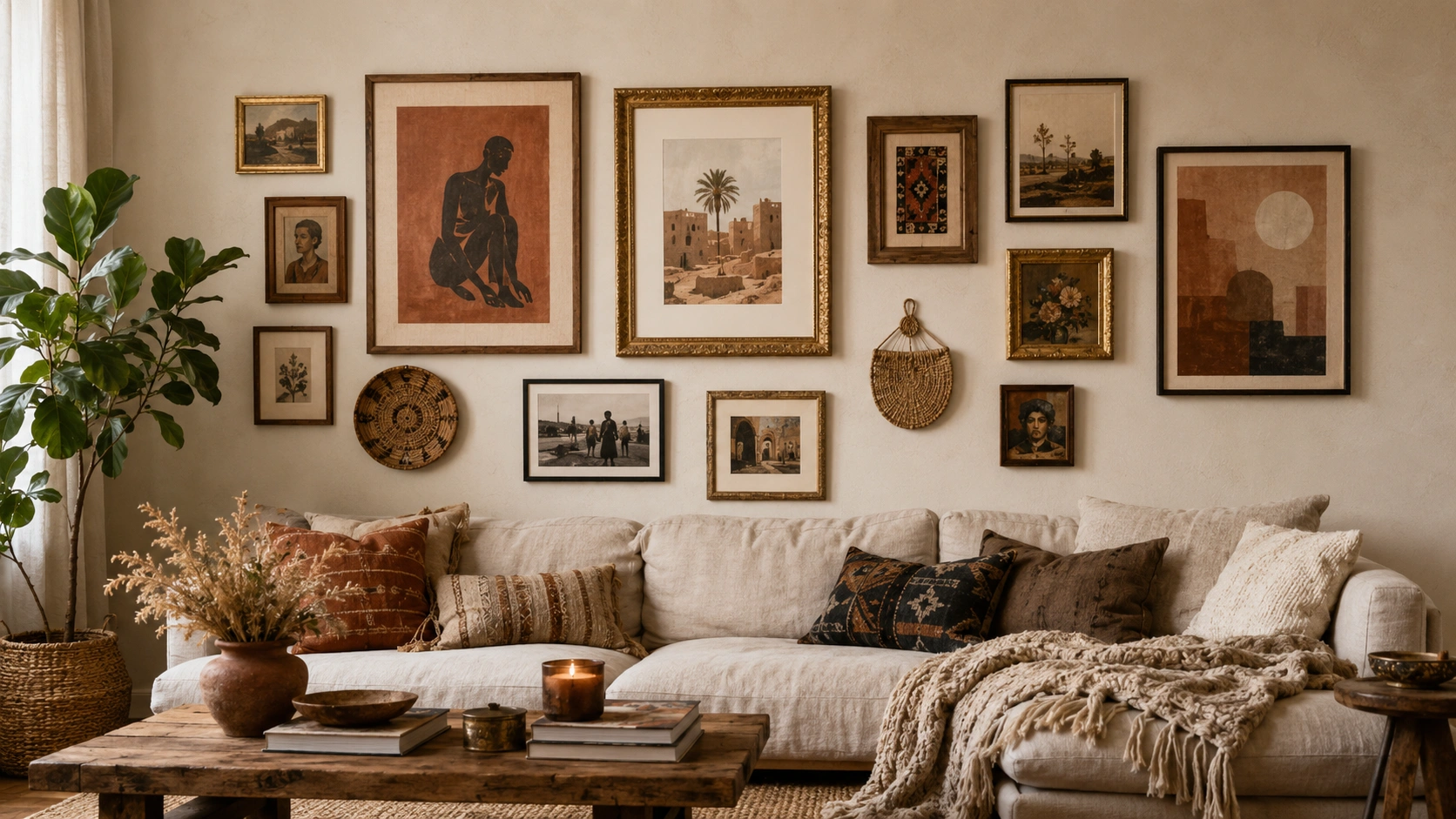 Eclectic boho gallery wall with global-inspired art and mixed vintage frames above a neutral linen sofa
