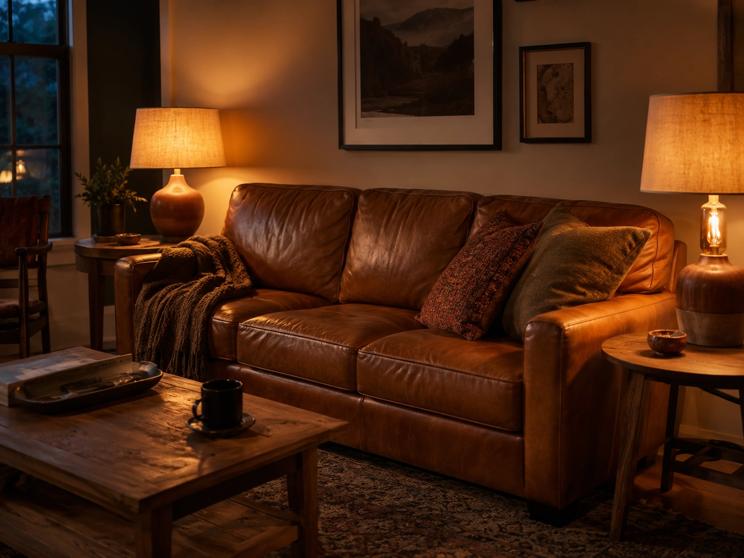 Brown leather couch styled with Edison bulb table lamps and warm soft lighting in a cozy living room.
