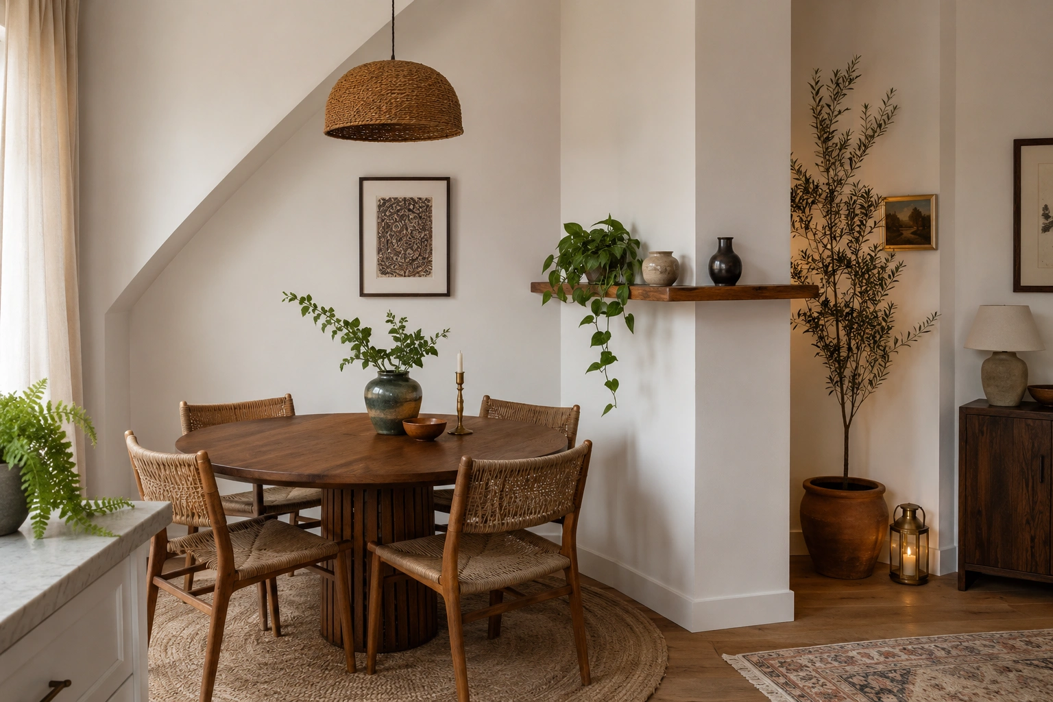 Small dining room designed around an angled wall and column with a round wood table and warm organic decor.