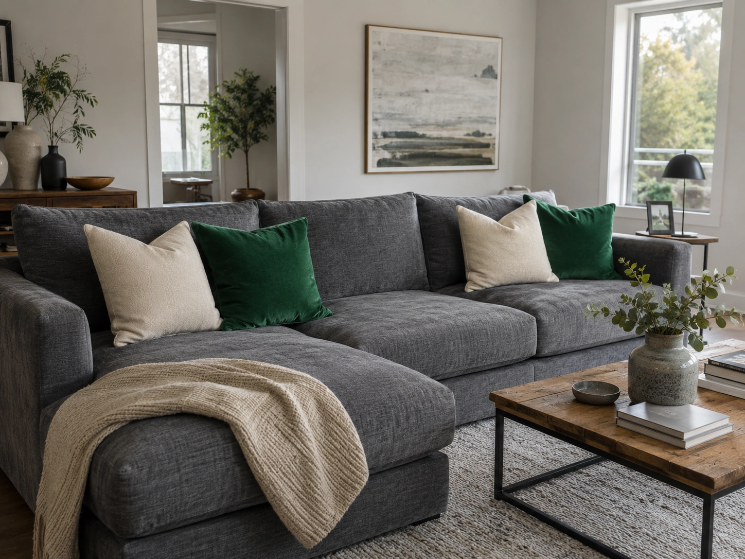 Grey sectional sofa with emerald green cushions, cream pillows, and wooden coffee table in a bright living room.
