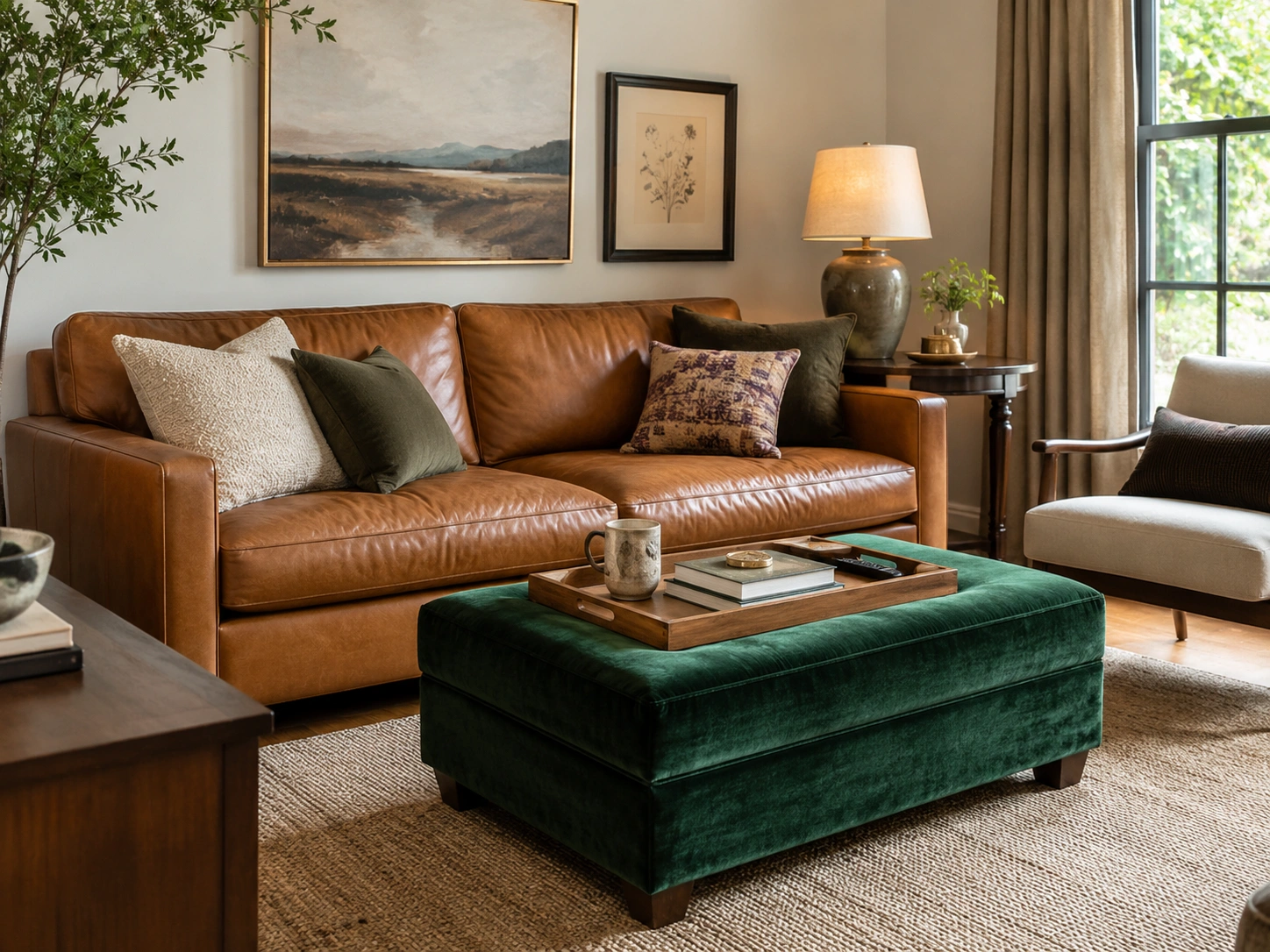 Emerald green velvet ottoman used as a coffee table in a warm living room with a brown leather sofa