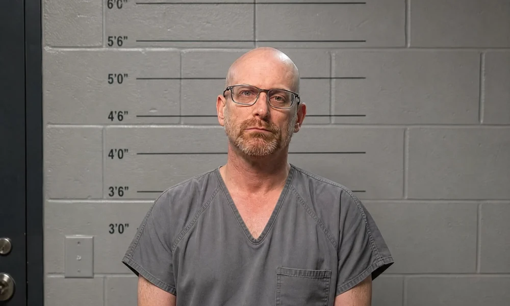 Mugshot of Erik Neel standing in front of a police height scale showing measurements from 3'0" to 6'0".