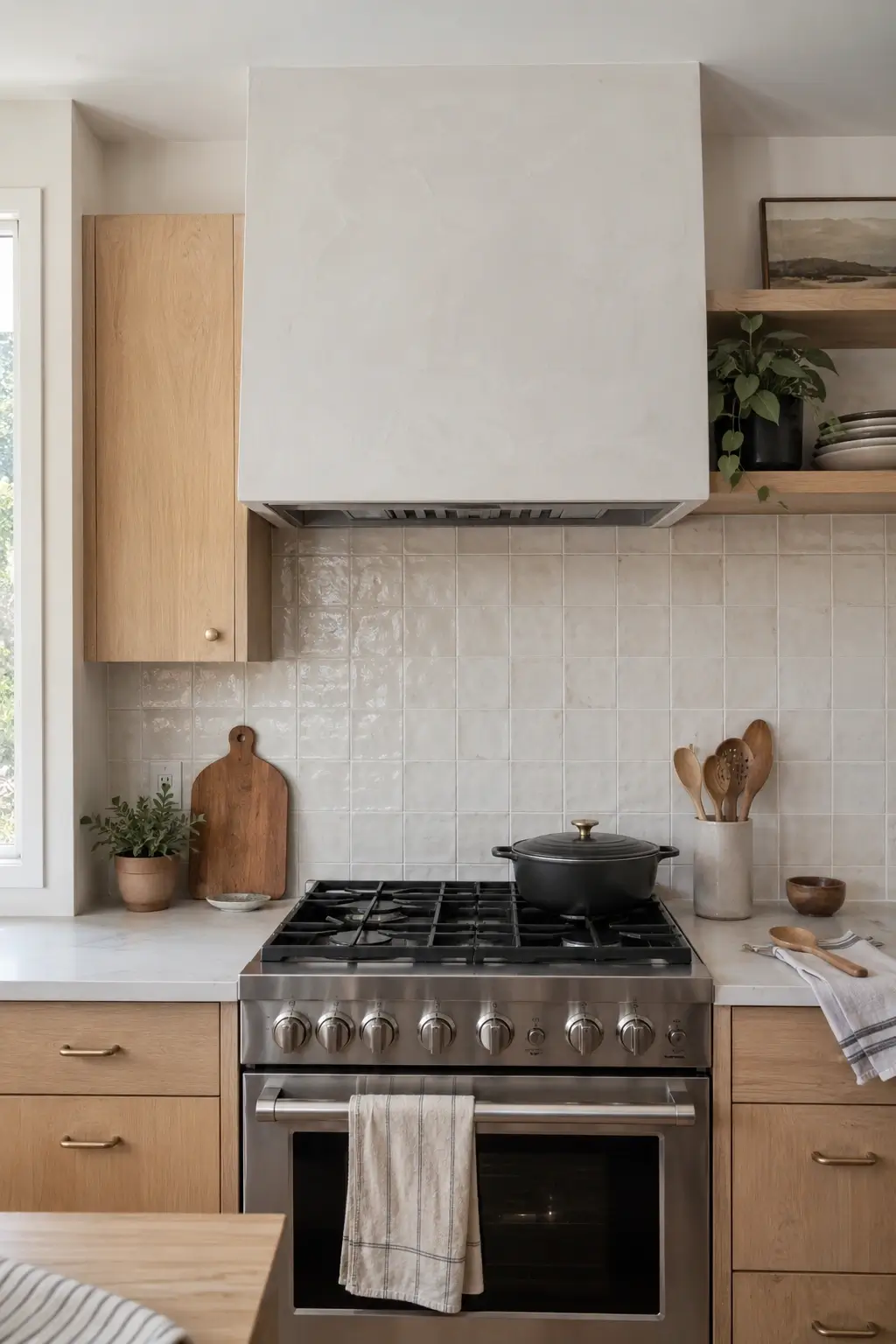 Plaster-look range hood over a stainless stove with light wood cabinets and square tile backsplash