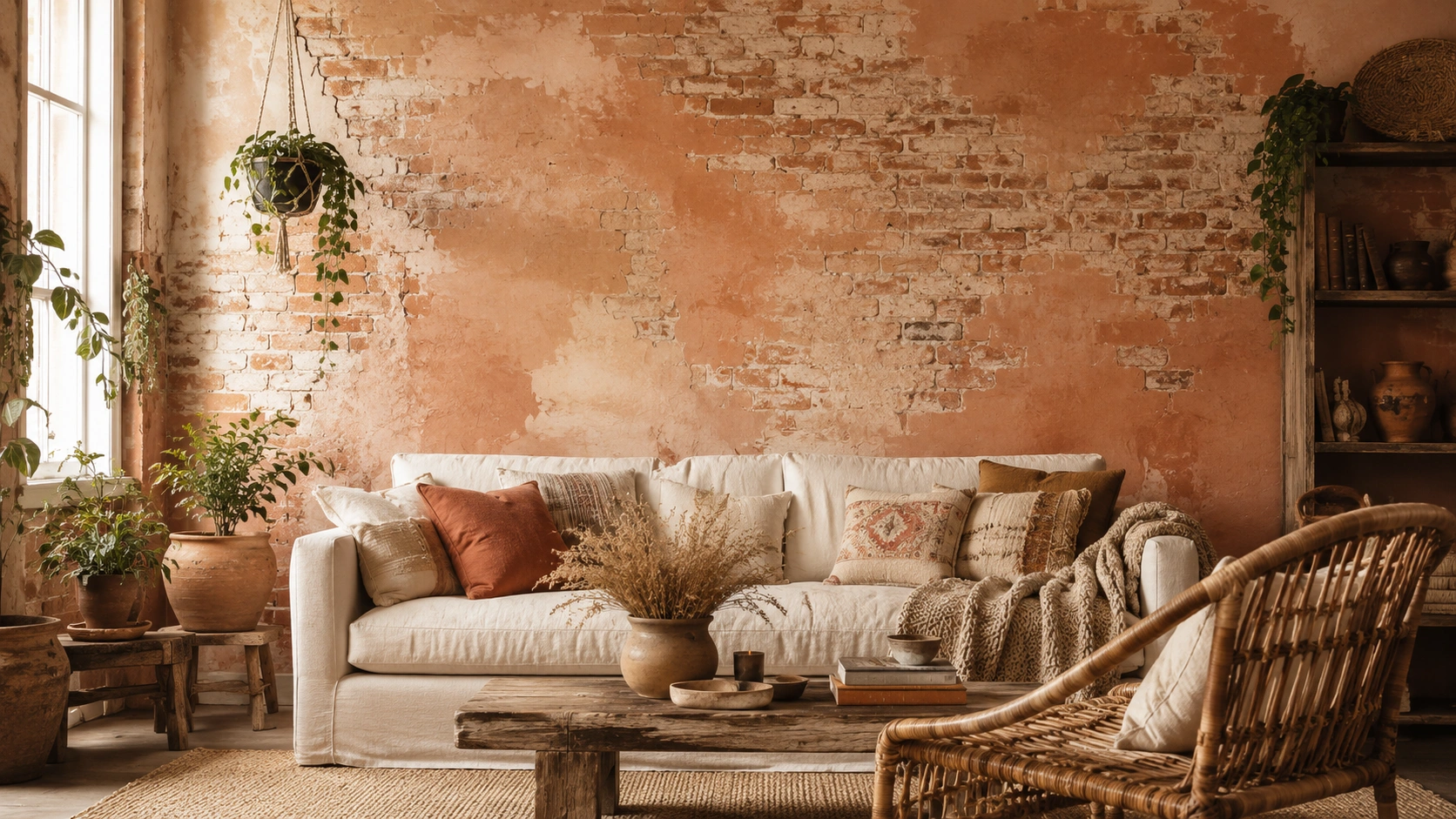 Boho living room with exposed brick limewash accent wall, linen sofa, rattan chair, plants, and earthy decor.