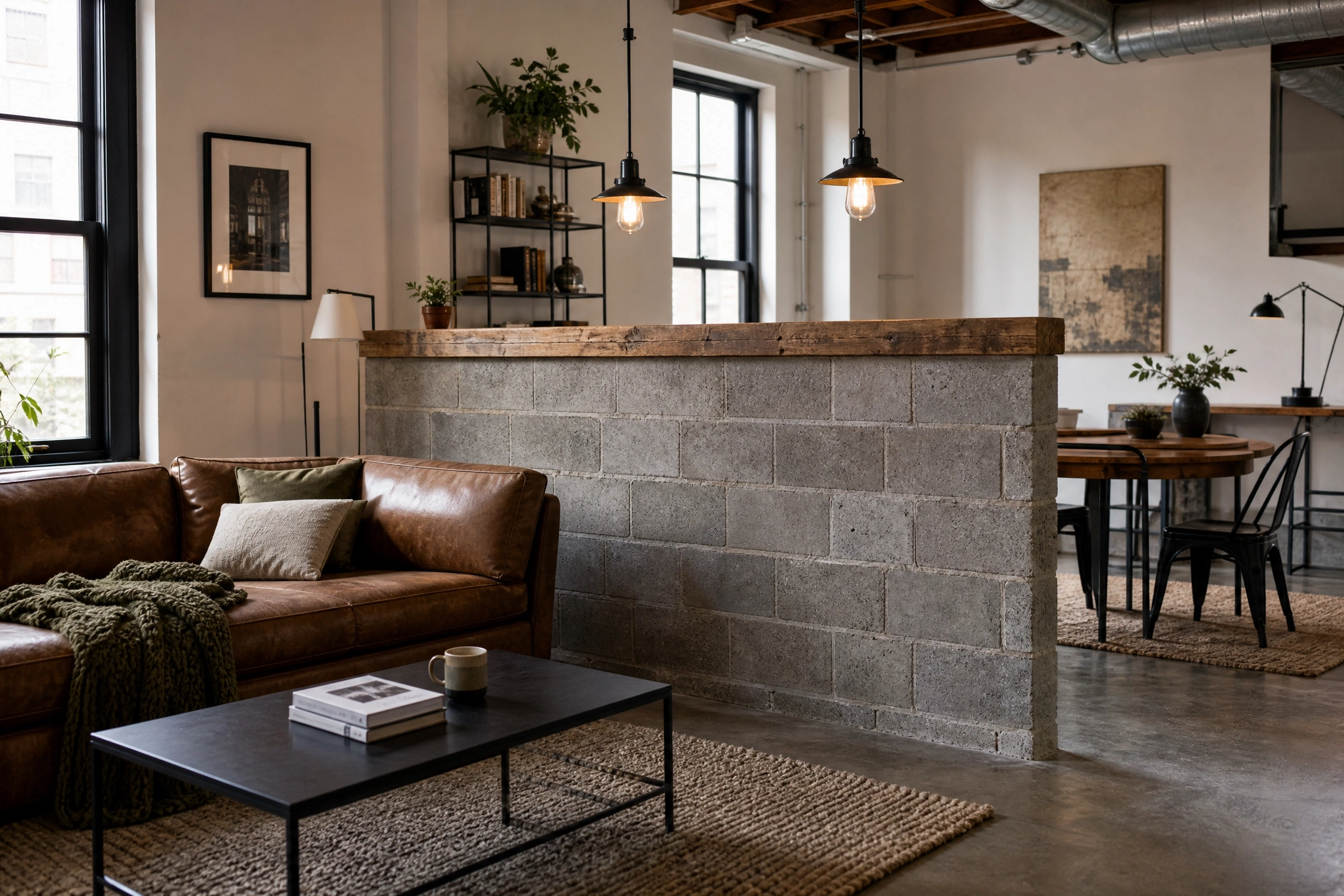 Industrial loft living room with exposed concrete block partial wall, leather sofa, wood cap, and pendant lights.