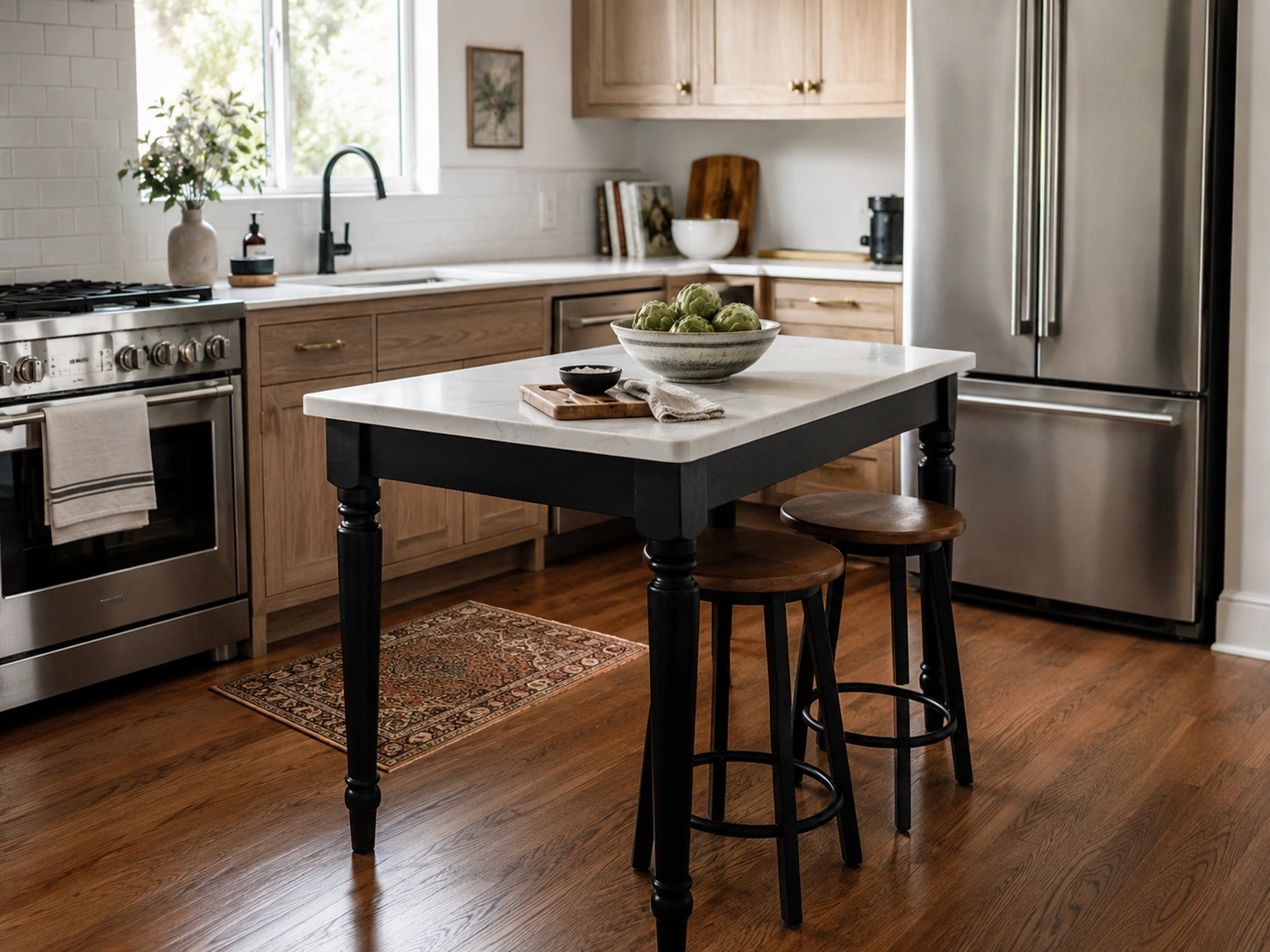 Furniture-style kitchen island with exposed black legs, white countertop, wood cabinets, and stools.