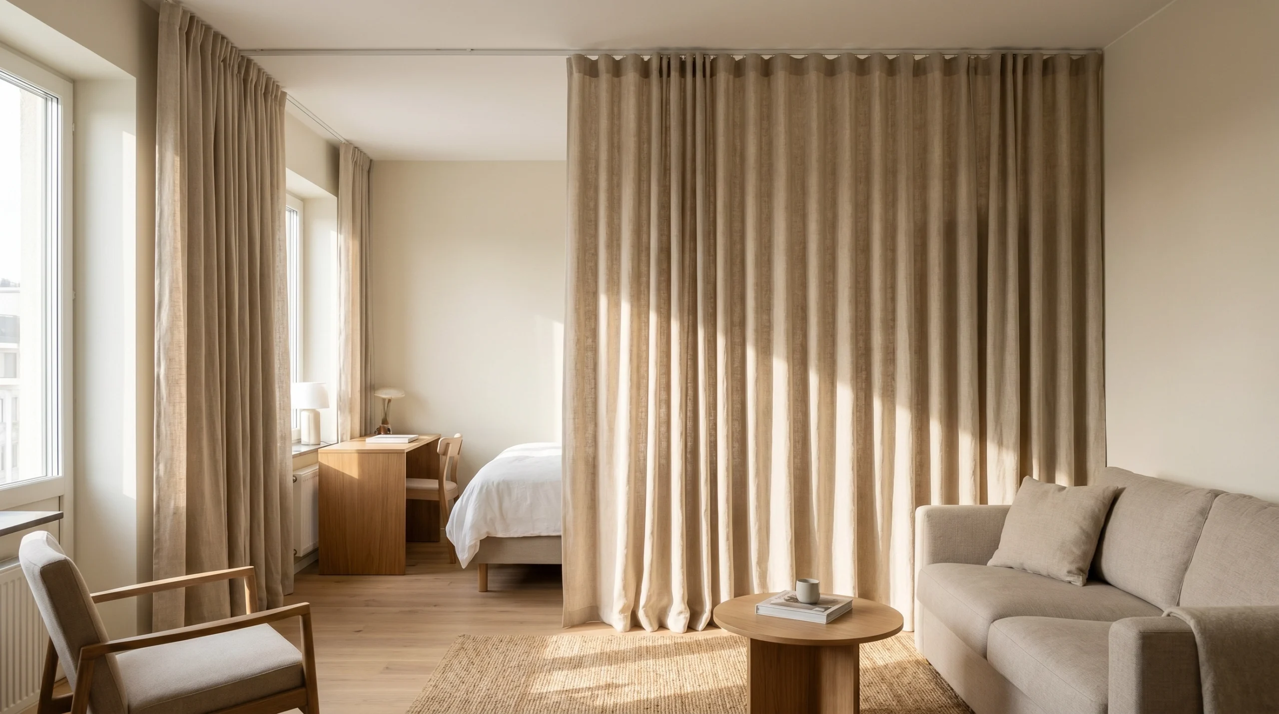 Fabric curtain room divider separating a studio apartment bedroom from a cozy beige living area.