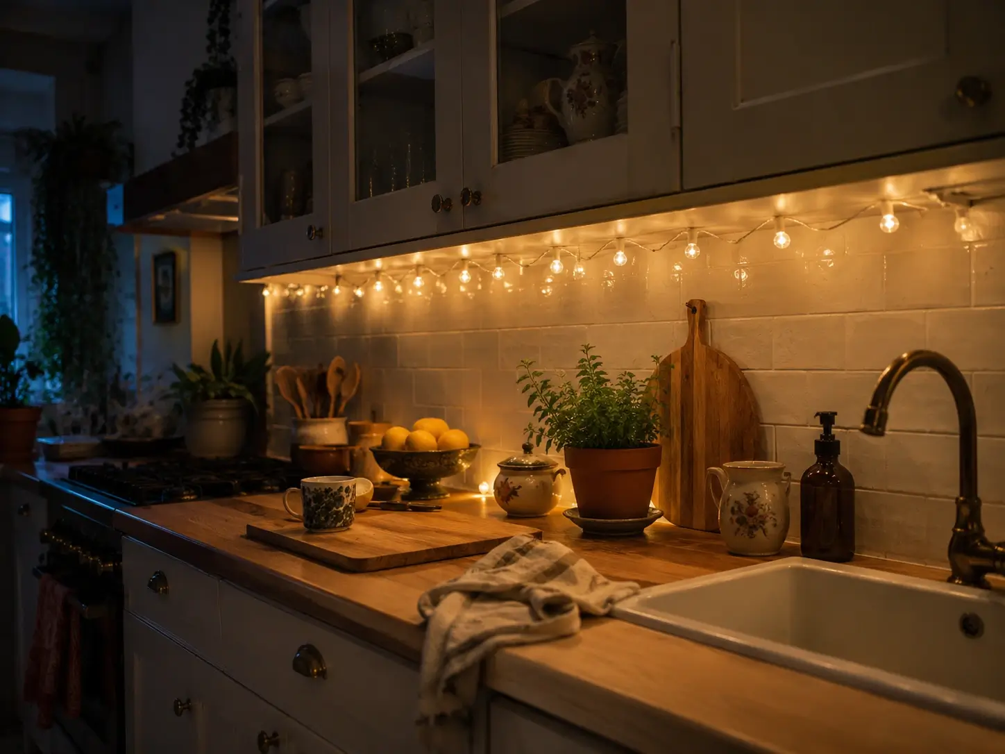 Warm kitchen with fairy lights under upper cabinets, wood countertop, herbs, and vintage ceramics.