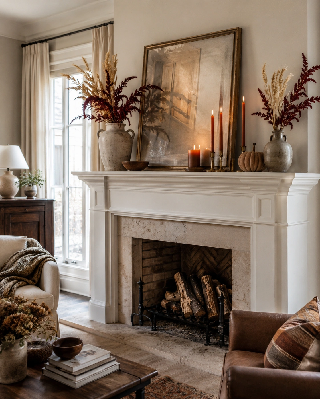 Fall mantel styled with amber candles, dried stems, ceramic vases, and a textured gourd.