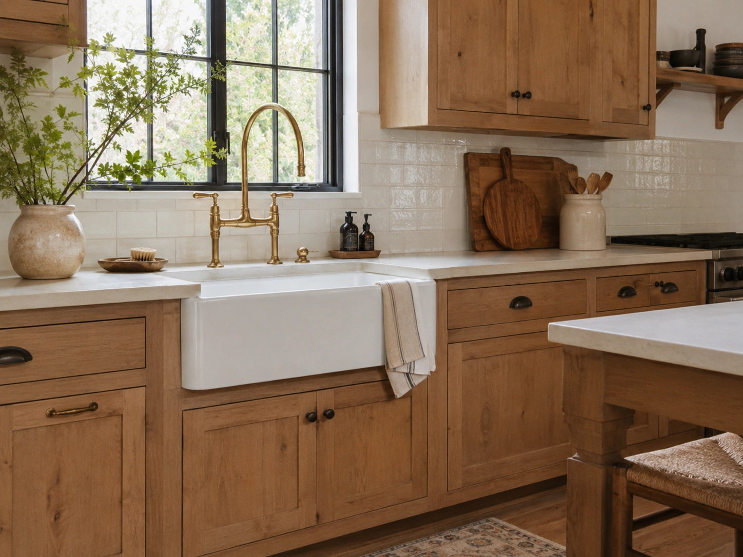 Farmhouse apron sink with brass bridge faucet in a warm alder kitchen with white zellige backsplash.