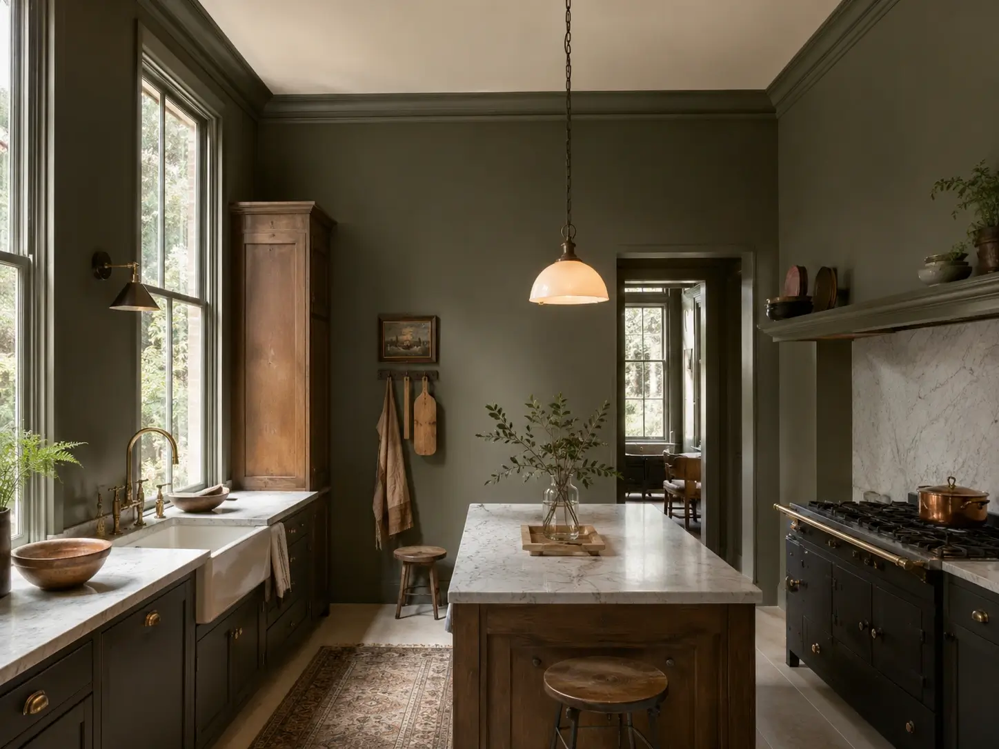 Farrow & Ball Calke Green kitchen with marble counters, wood island, brass fixtures, and vintage lighting.