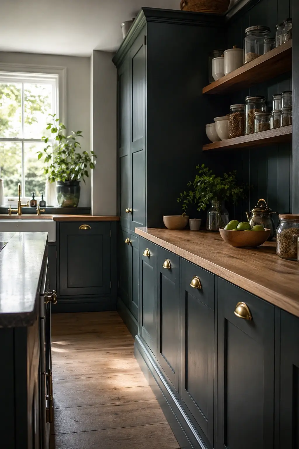 Studio Green Shaker kitchen with wood counters, brass cup pulls, open shelves, and English pantry style.
