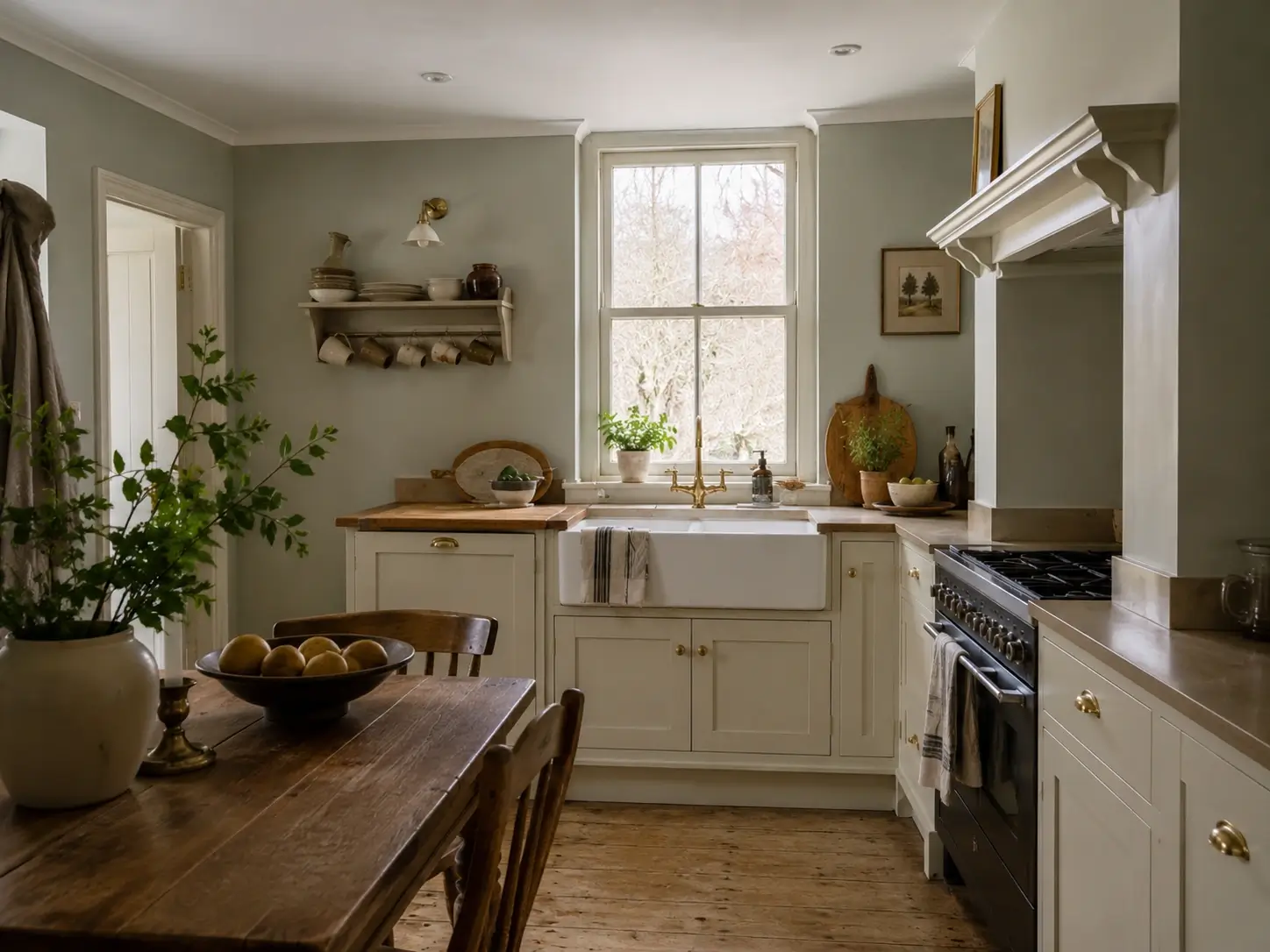 Farrow & Ball Vert de Terre sage kitchen with cream cabinets, wood table, and soft gray-green walls.