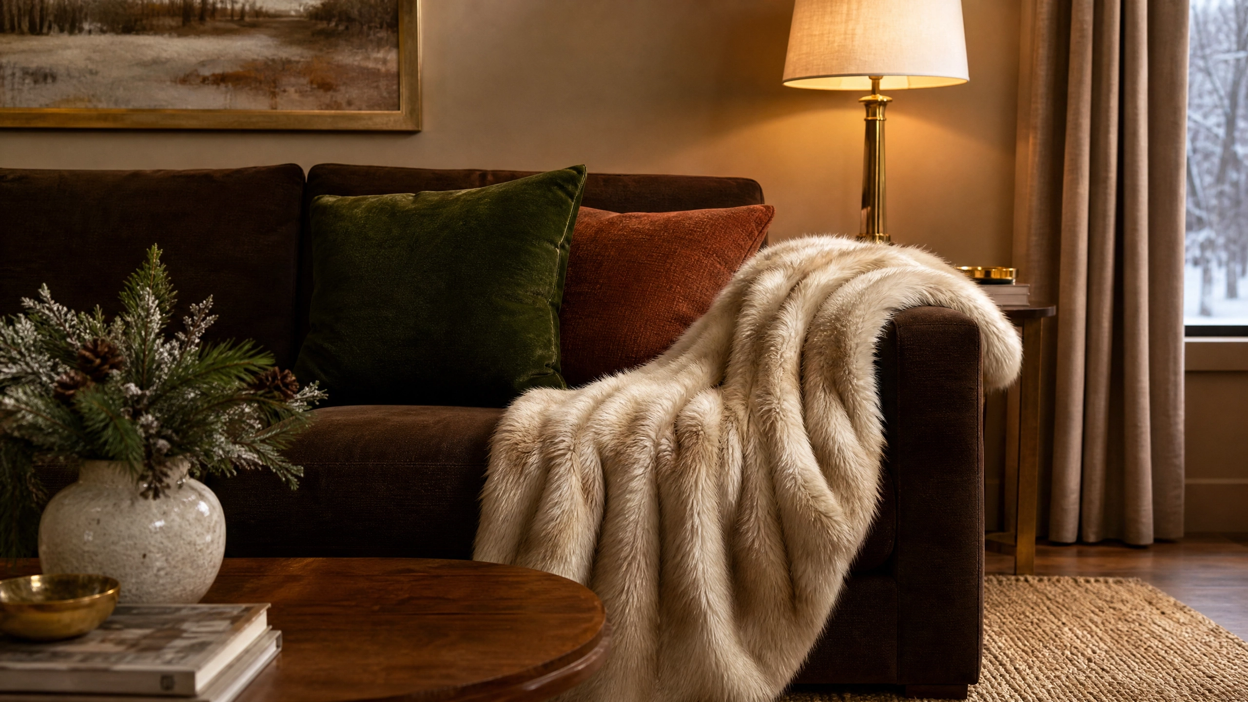 Faux fur throw draped over a dark brown sofa with green and rust pillows in a cozy winter living room.